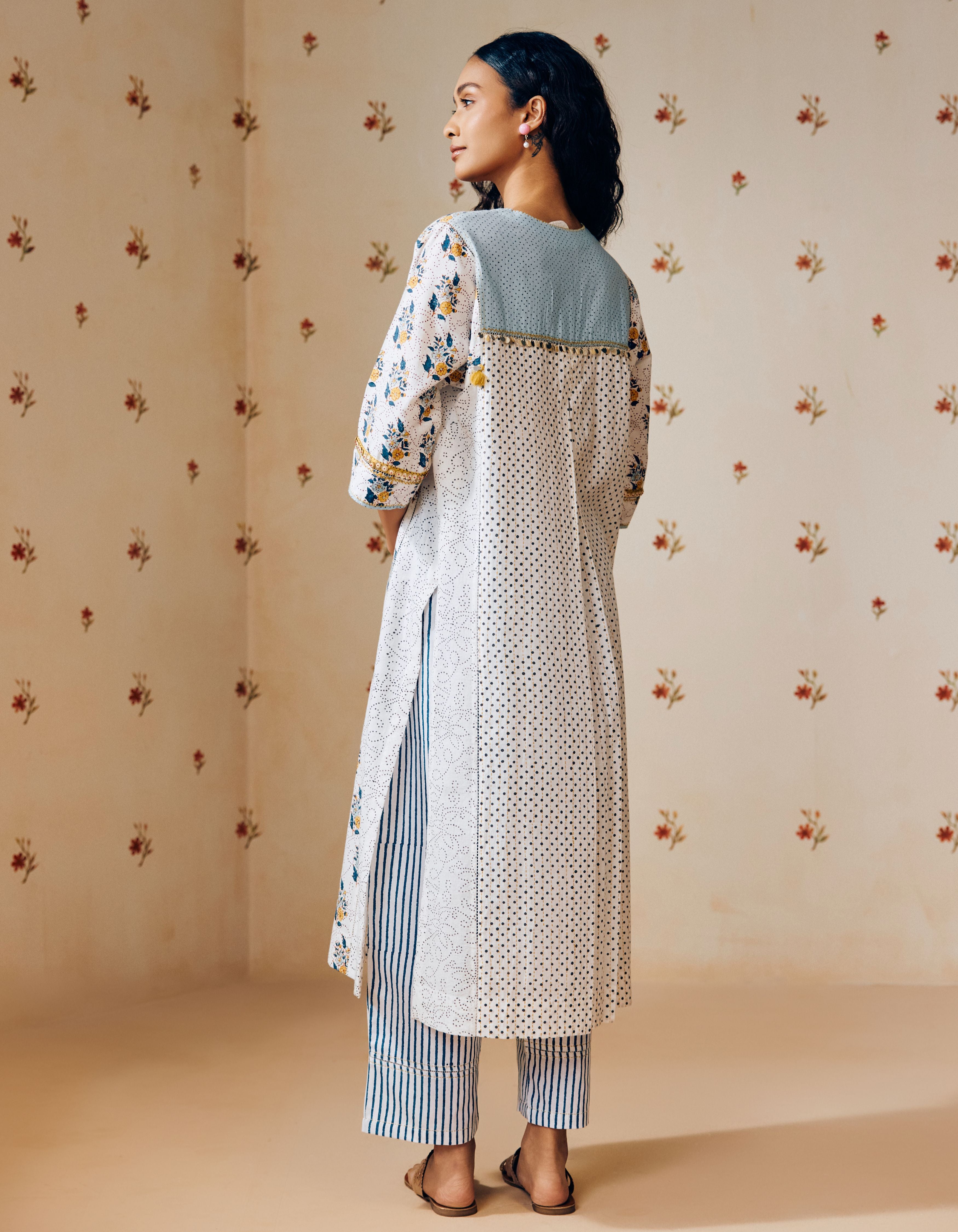Off-White Flower And Stripes Hand Block Print Mia Kurta Set