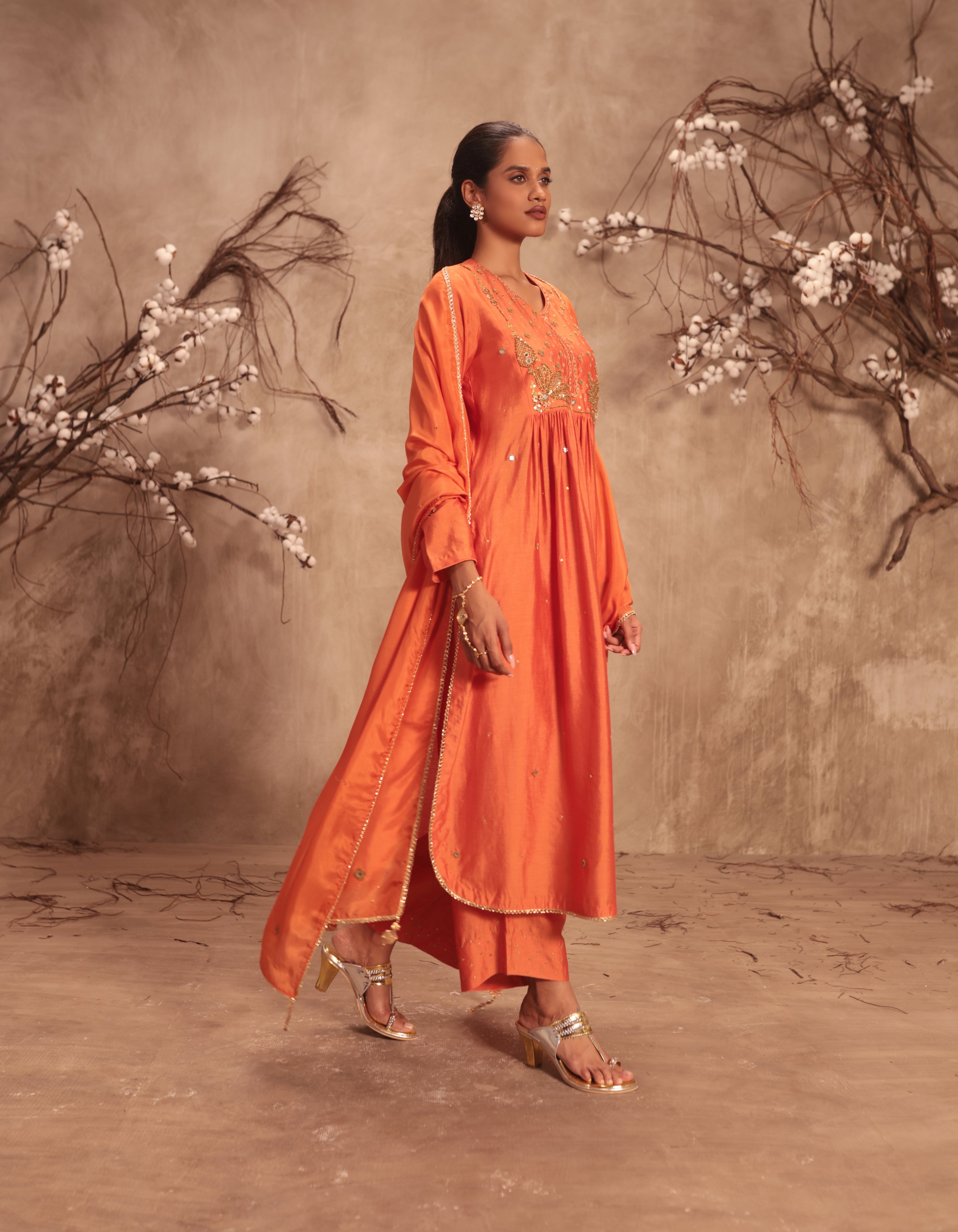 Orange Frockstyle Rani Kurta Set