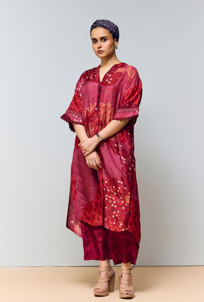 Deep Red Hand Printed Mandarin Collar Eden Co-Ord Set