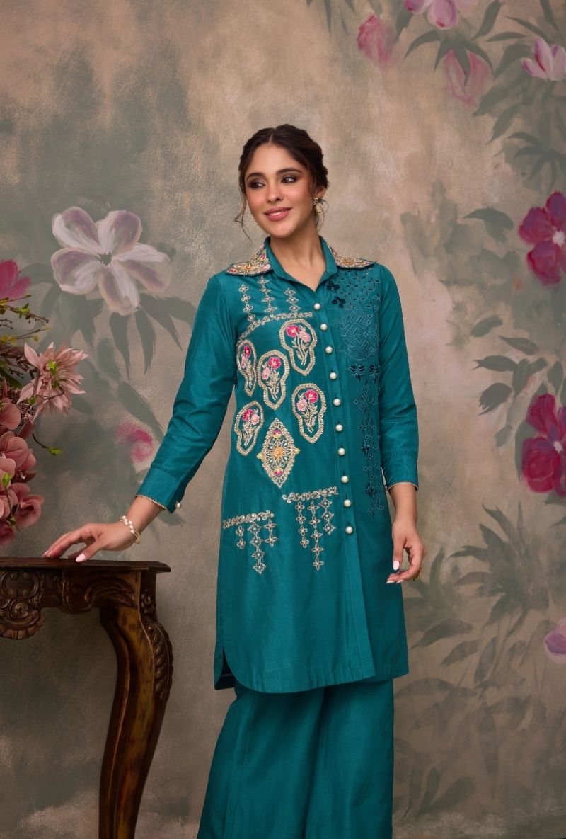 Teal Green Embroidered Side Panel Jalsa Co-Ord Set