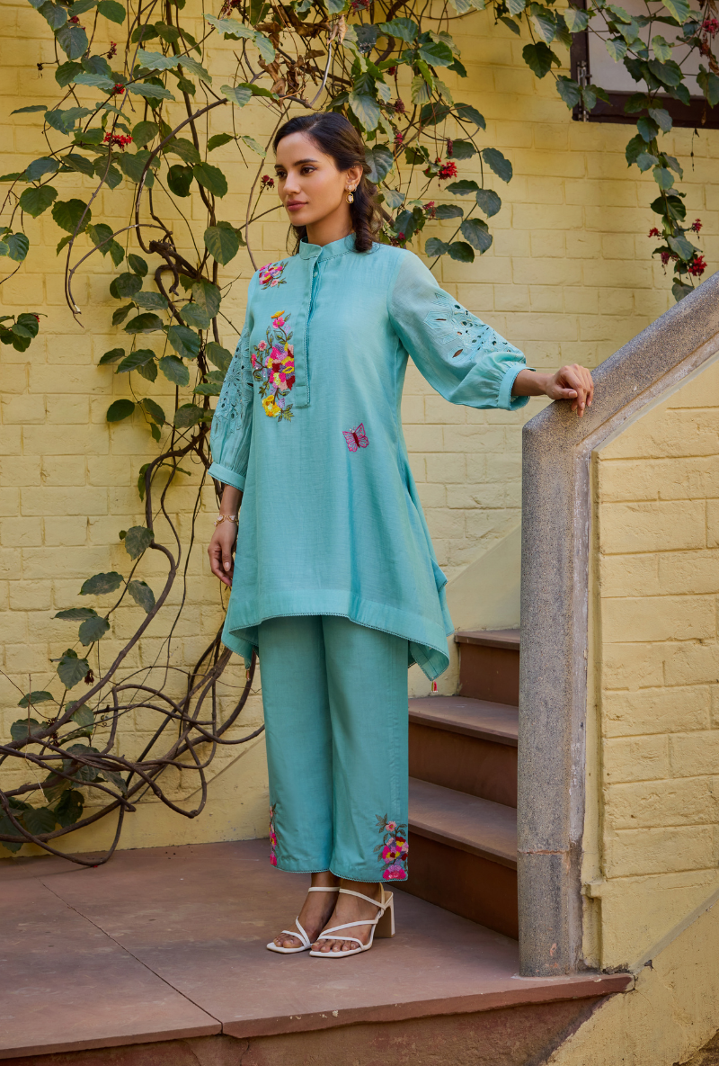 Turquoise Side Drop Short Annardana Co-Ord Set