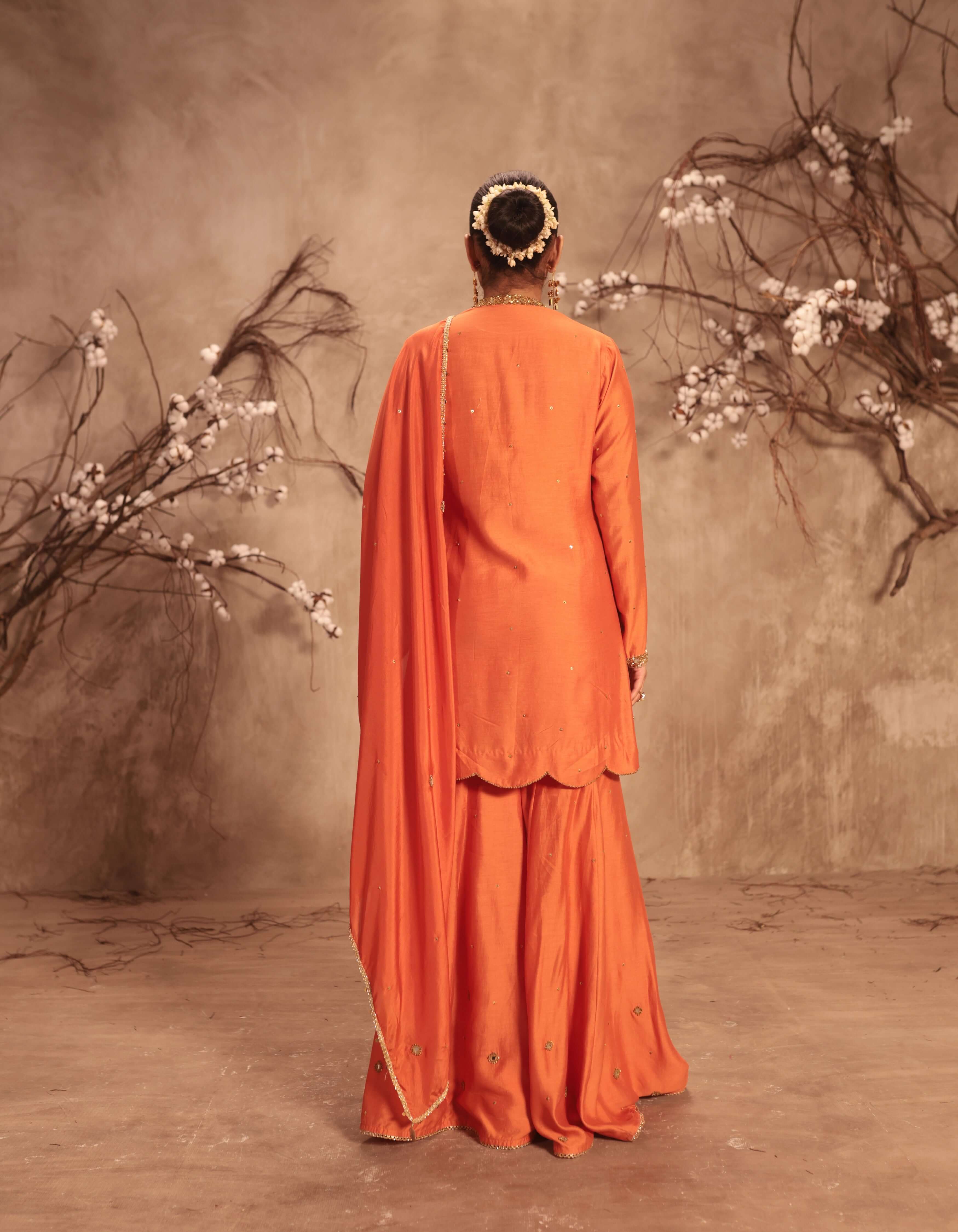 Orange Mirror Work Rani Sharara Set