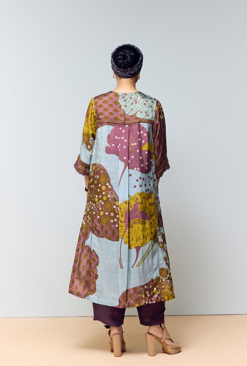 Greyish Blue Hand Printed Kaftan Sleeves Eden Co-Ord Set