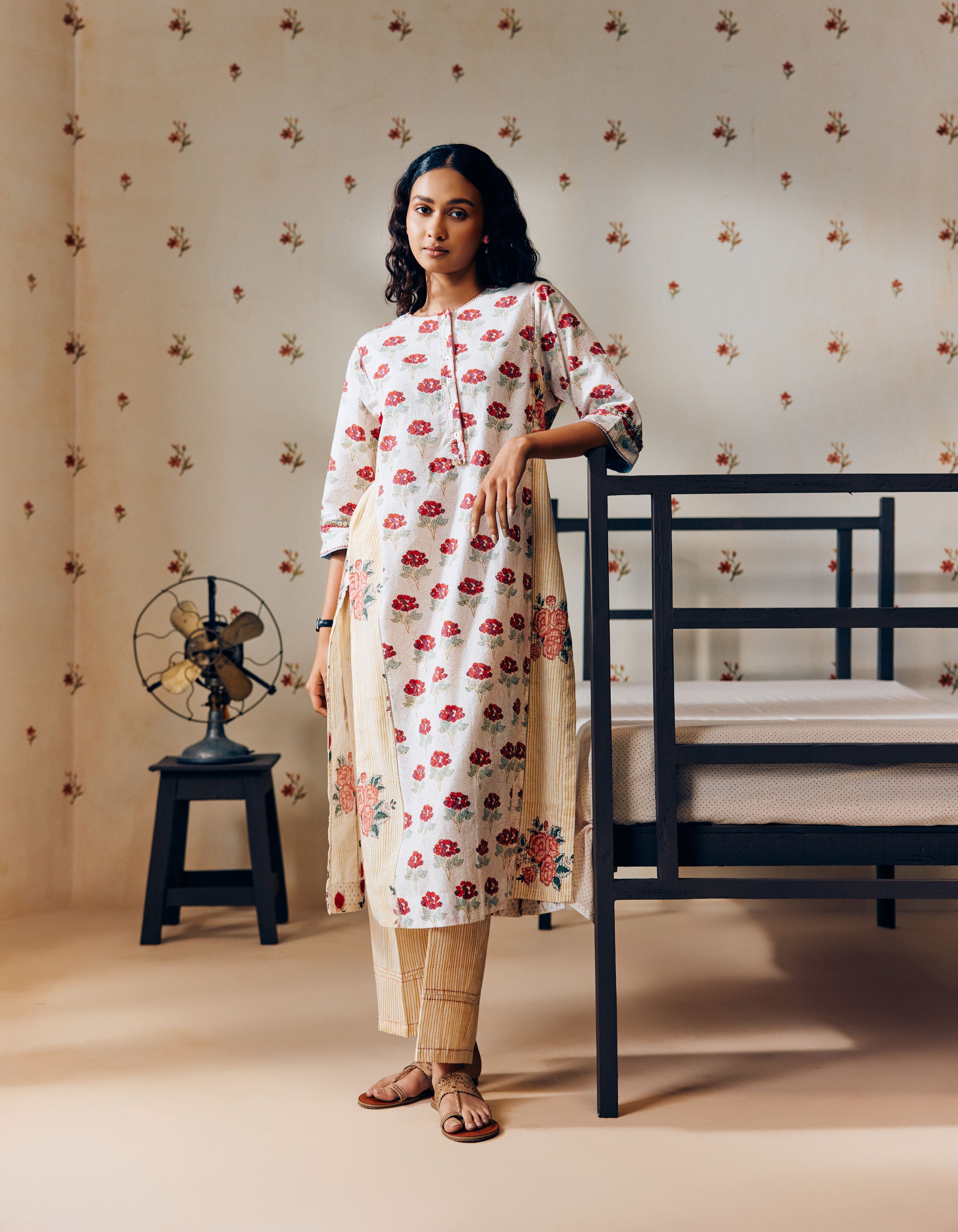 Off-White & Mustard Poppy Motif Mia Kurta Set
