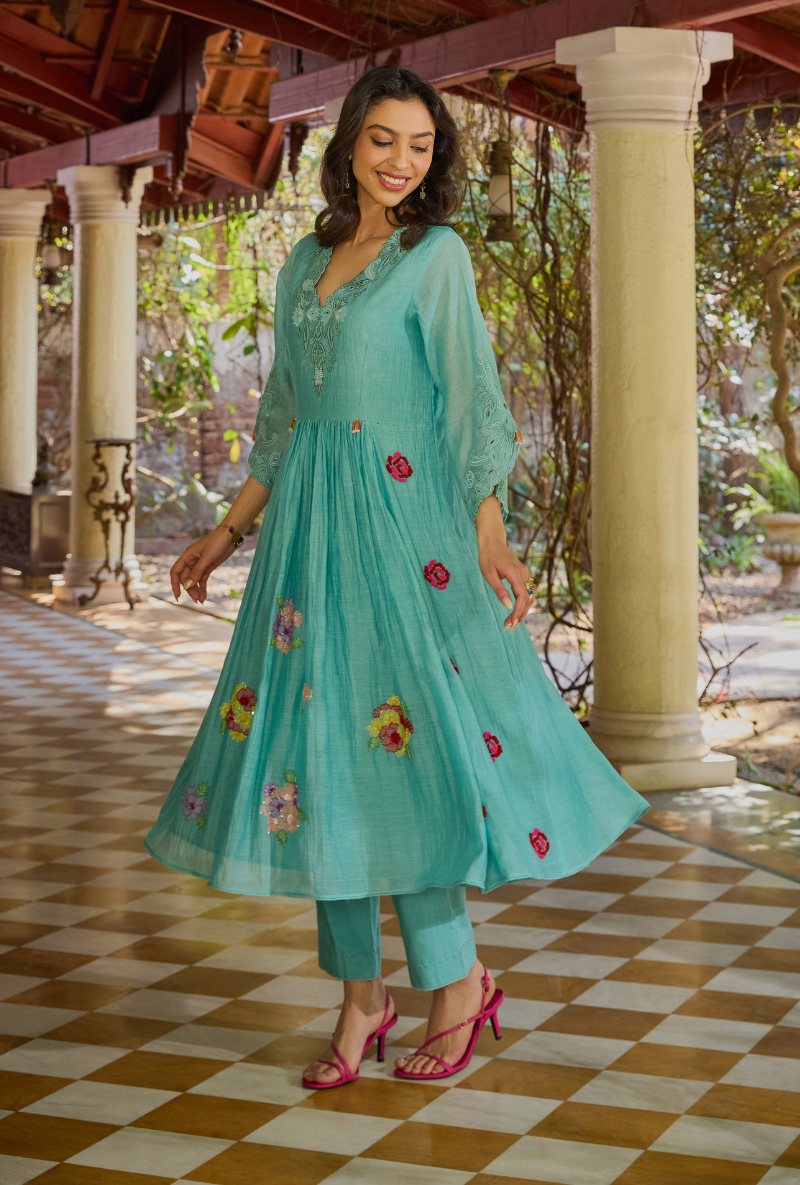 Turquoise Empire Cut Applique Anaardana Anarkali Set