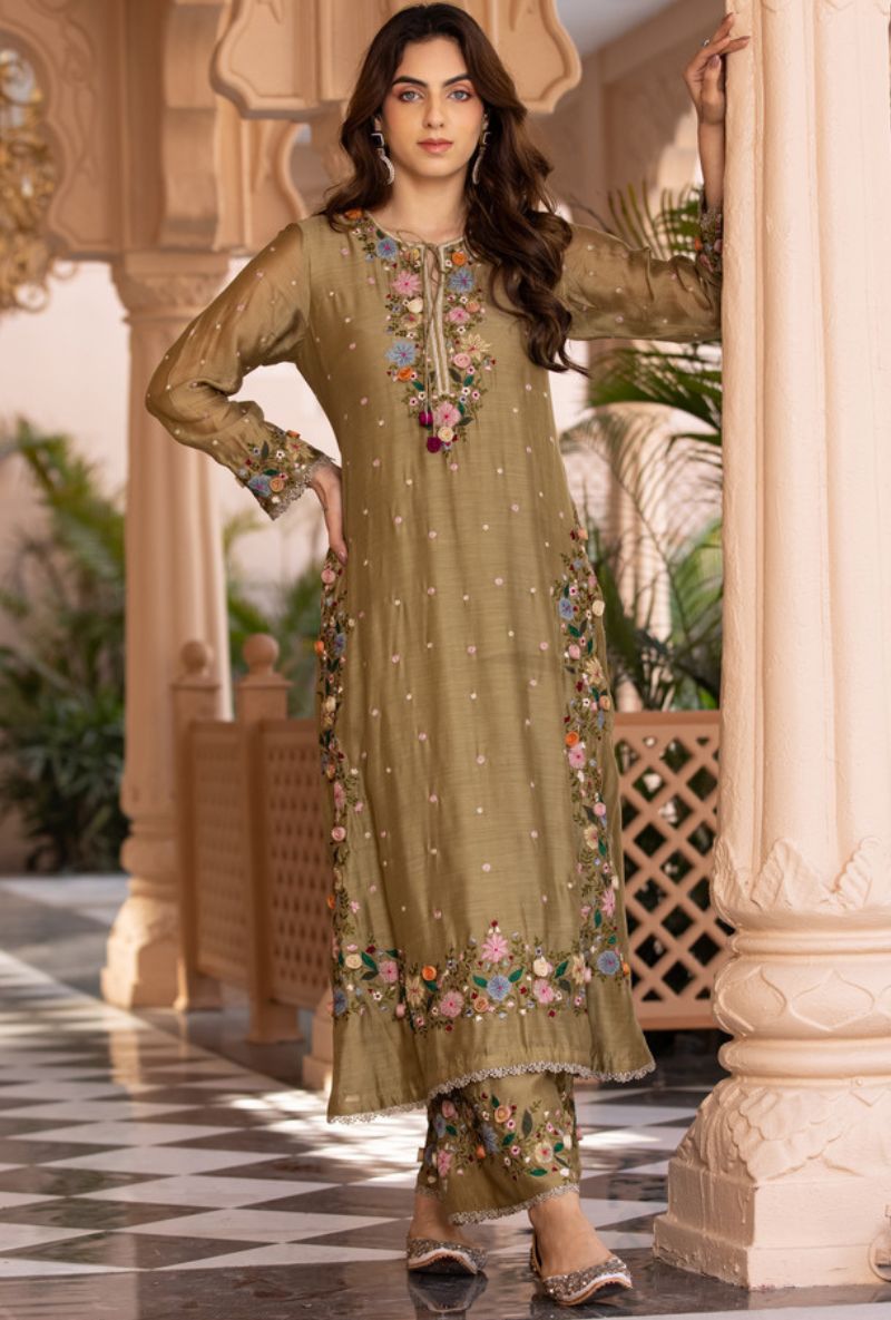Olive Green Orchid Heavy Long Sahiba Kurta Set