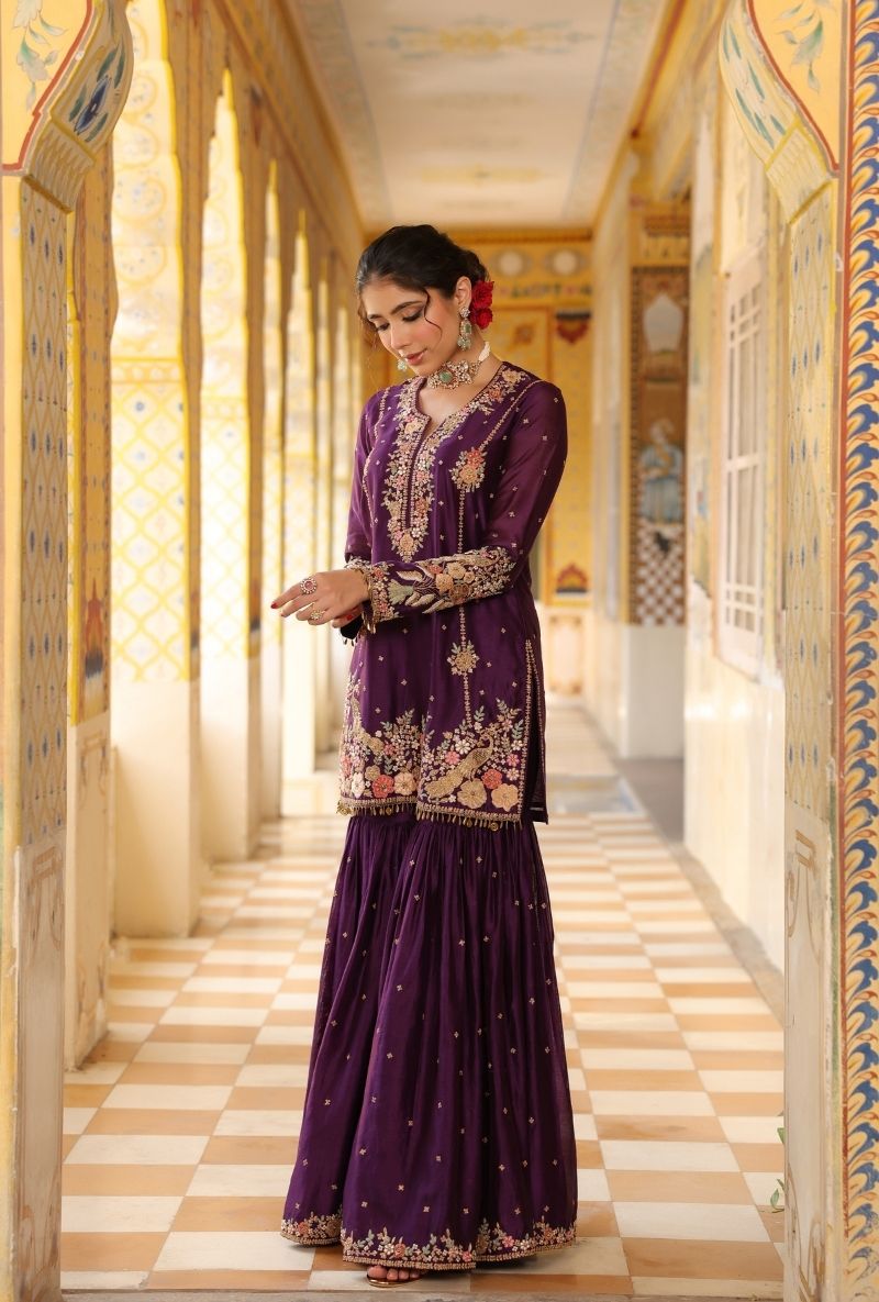 Purple Mayur Applique Heavy Mehfil Sharara Set
