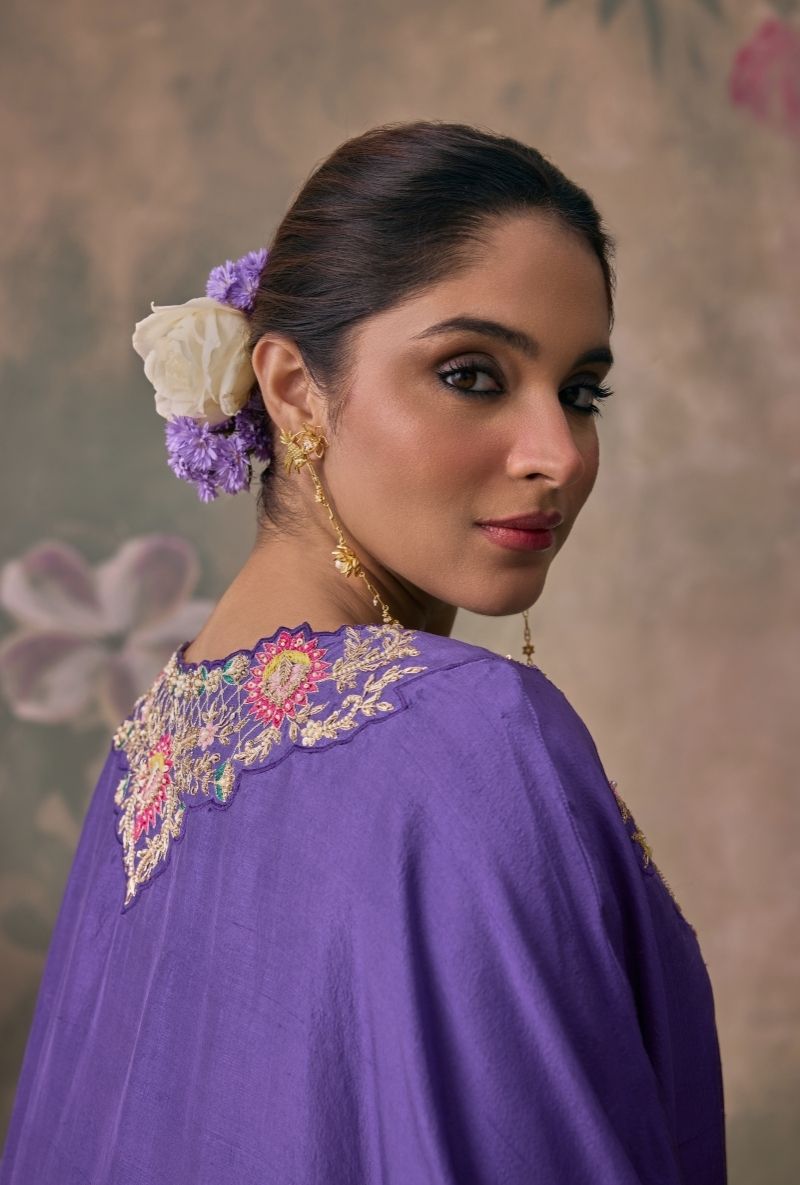 Purple Embroidered Neck Jalsa Kaftan  Set