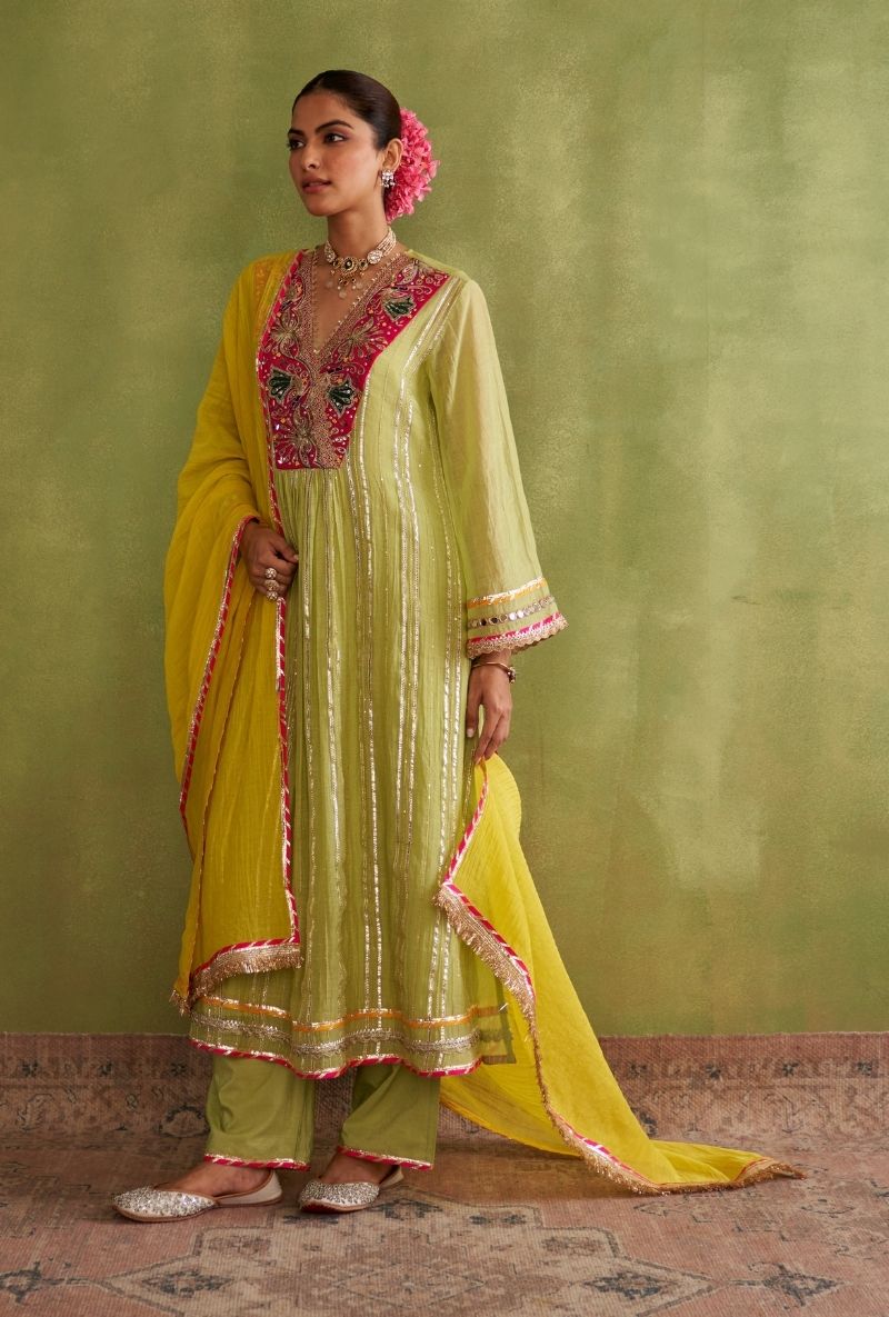 Mint Green Embroidered Overlap Morbagh Kurta Set
