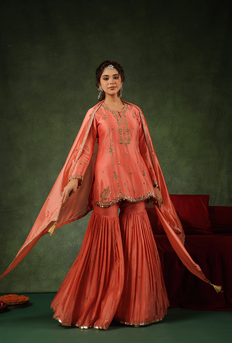 Peach Heavy Zardosi Work Ishq Sharara Set