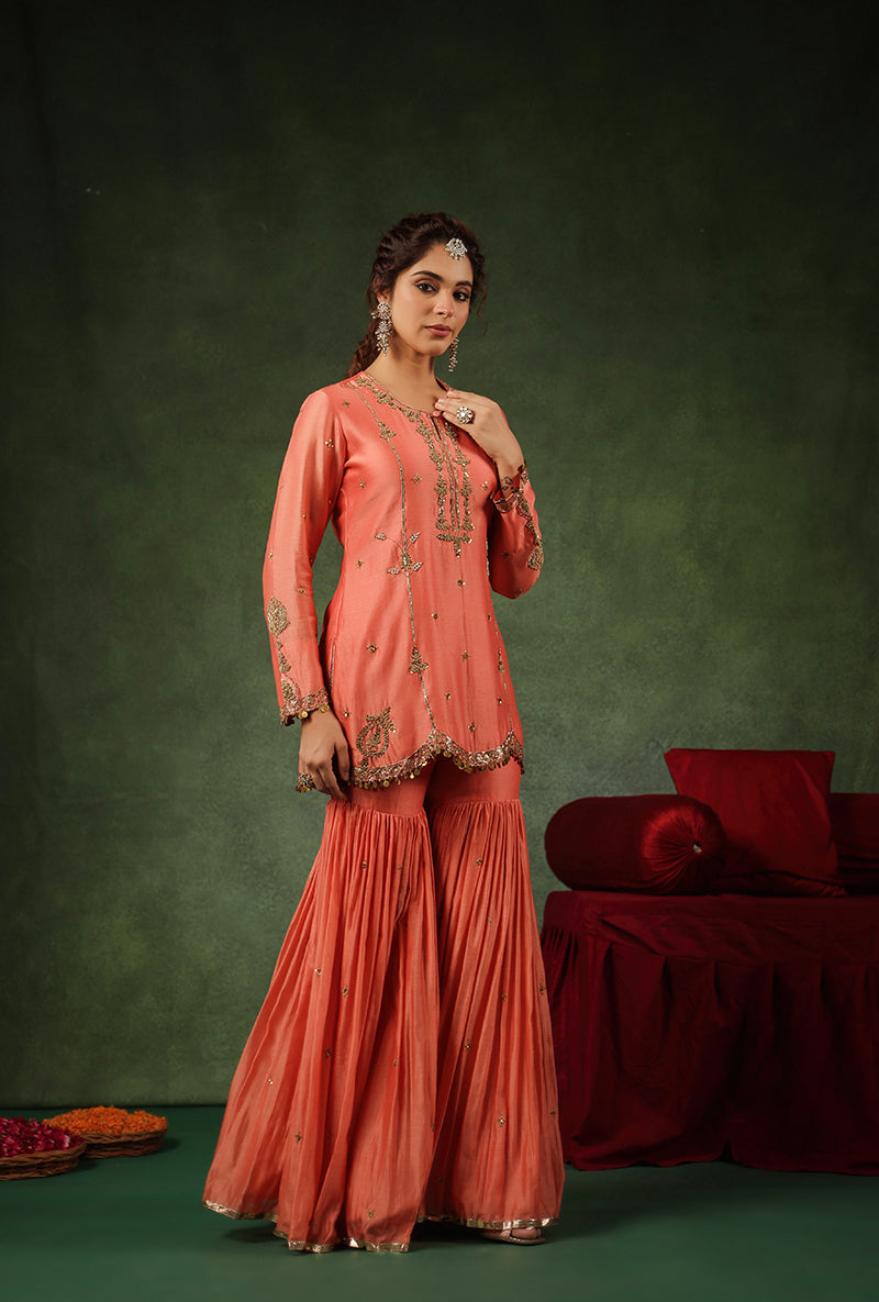 Peach Heavy Zardosi Work Ishq Sharara Set