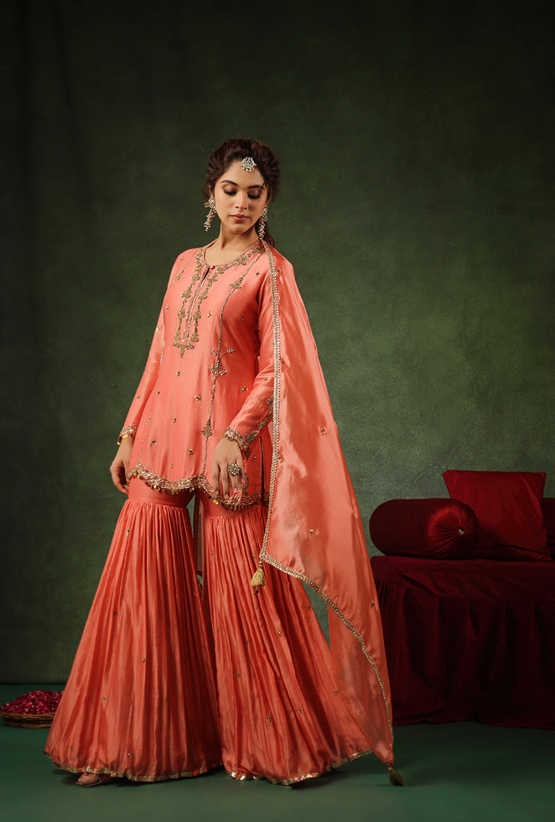 Peach Heavy Zardosi Work Ishq Sharara Set