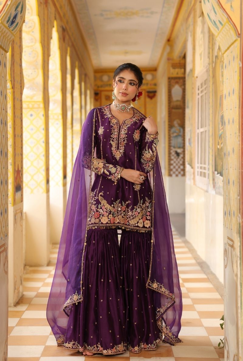 Purple Mayur Applique Heavy Mehfil Sharara Set