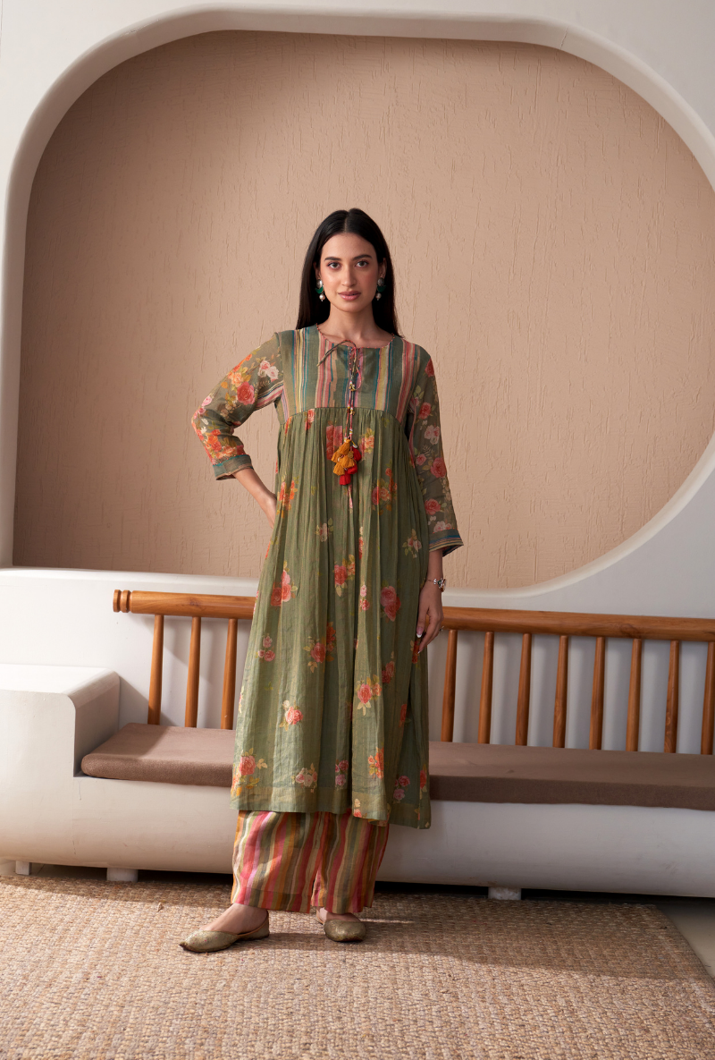 Green Stripe Yoke Full Chunat Bageecha Kurta Set