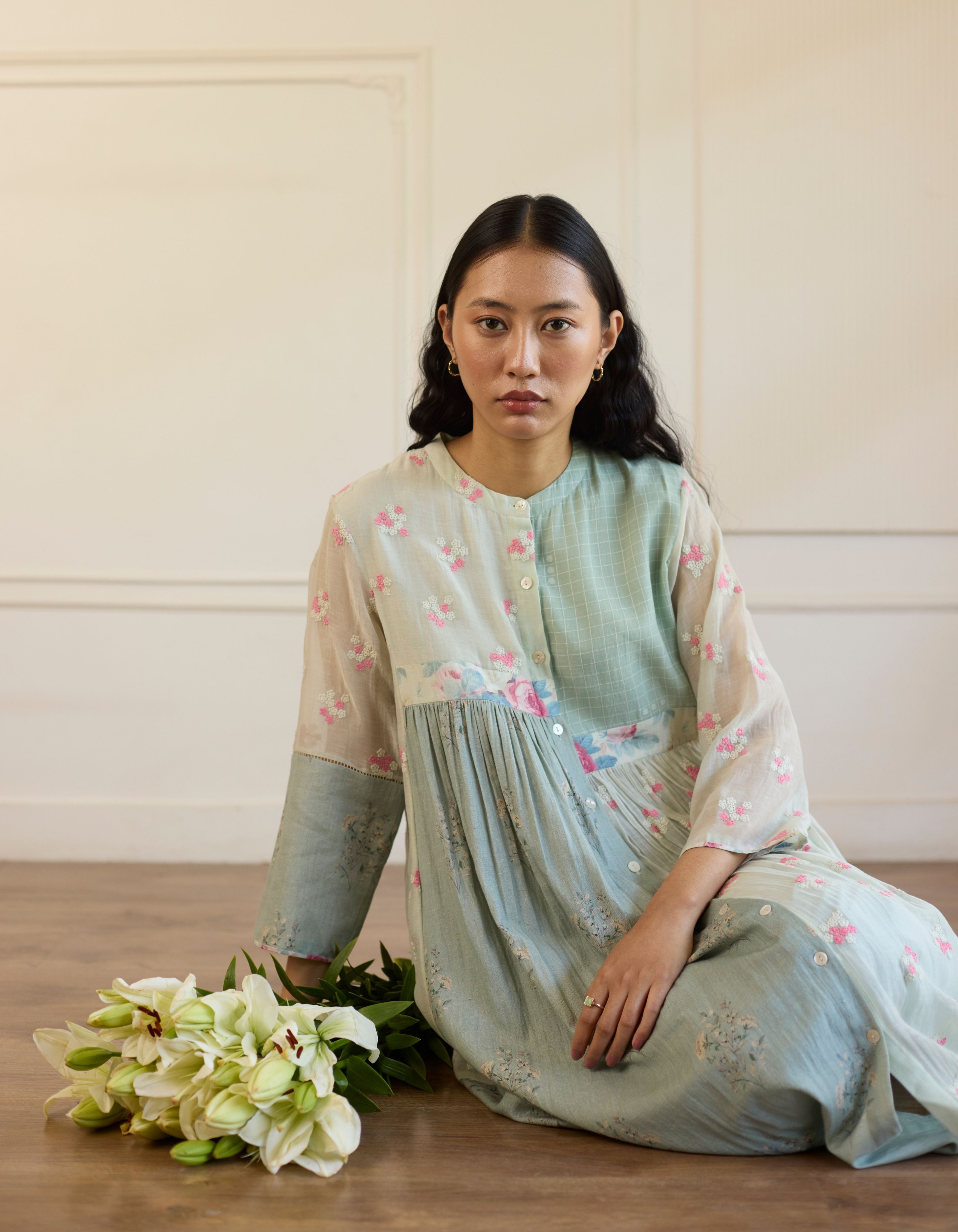 Light Blue Contrast Printed Panels Amelia Kurta Set