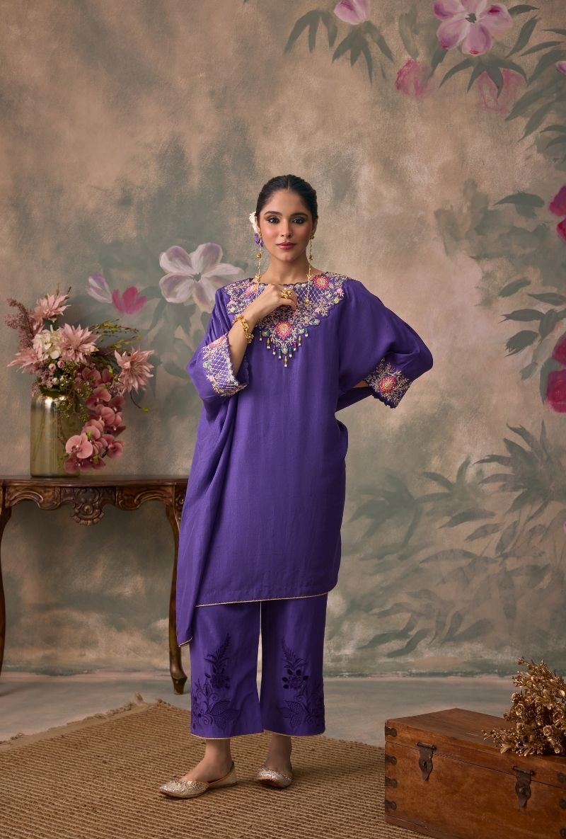 Purple Embroidered Neck Jalsa Kaftan  Set