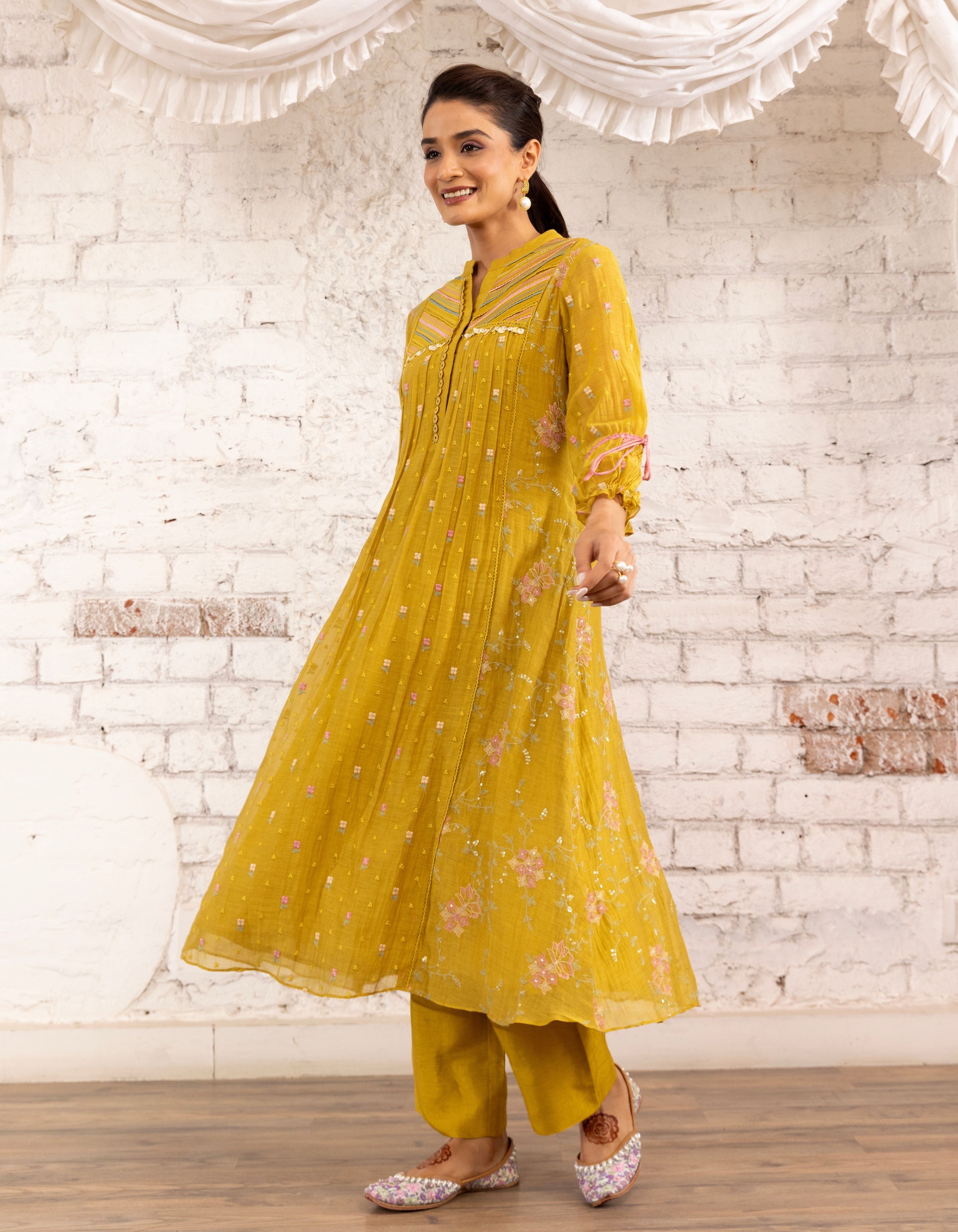 Mustard Threadwork Short Yoke Noor Kurta Set