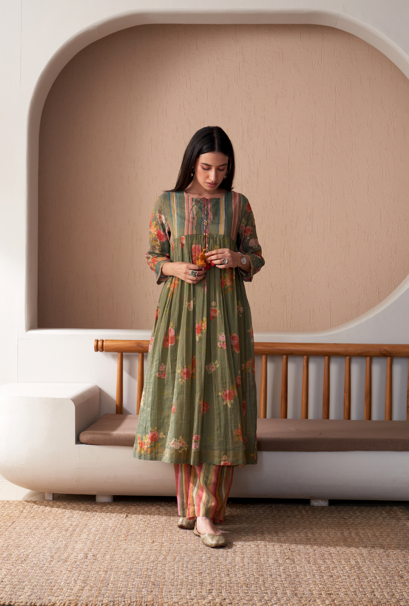 Green Stripe Yoke Full Chunat Bageecha Kurta Set