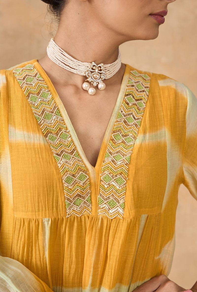 Yellow Beaded Neck Clamp Dye Ruhi 2.0 Kurta Set
