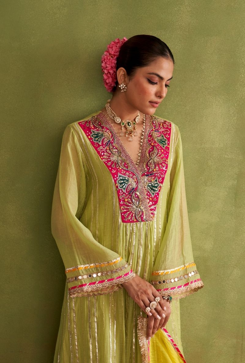 Mint Green Embroidered Overlap Morbagh Kurta Set