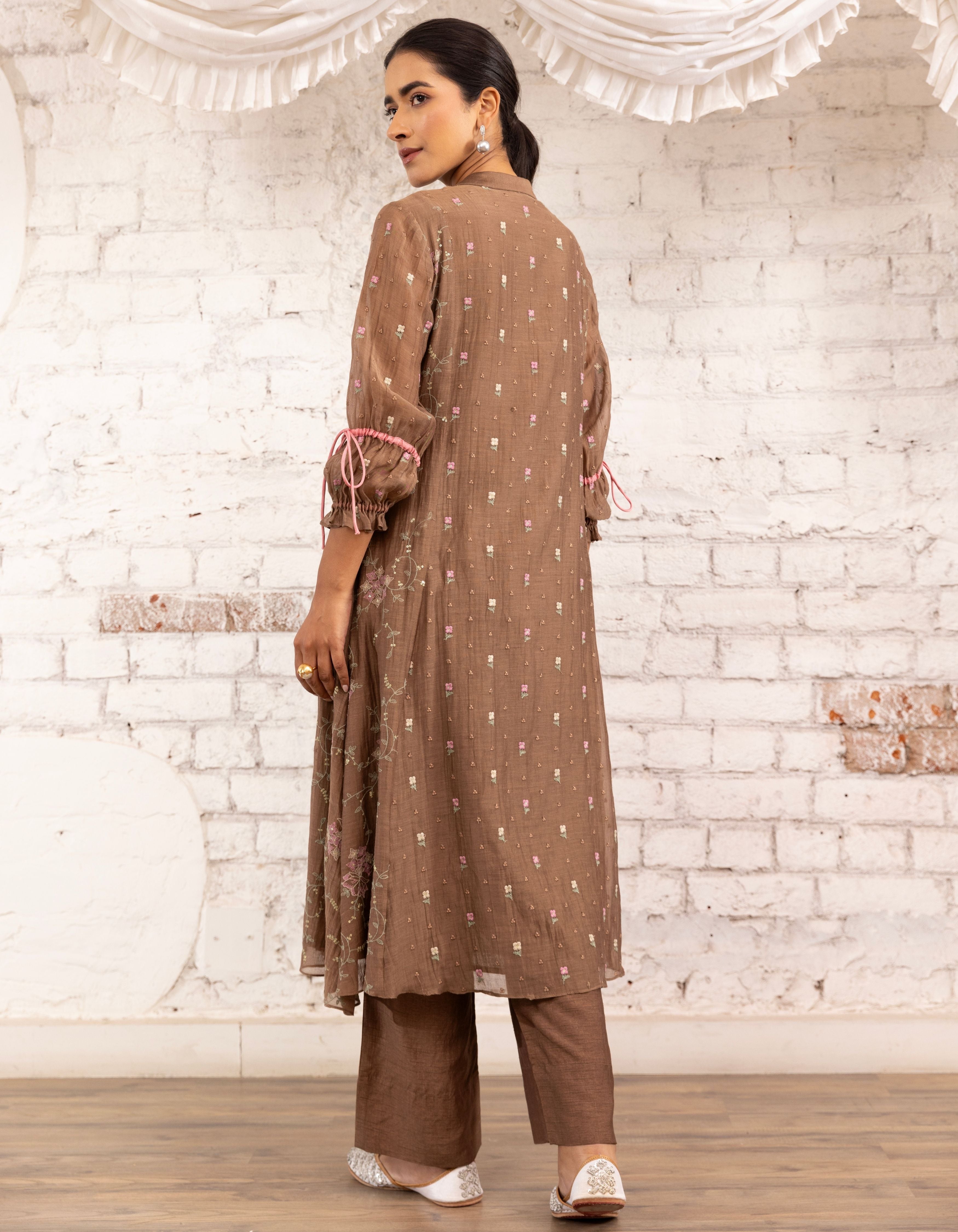 Brown Threadwork Short Yoke Noor Kurta Set