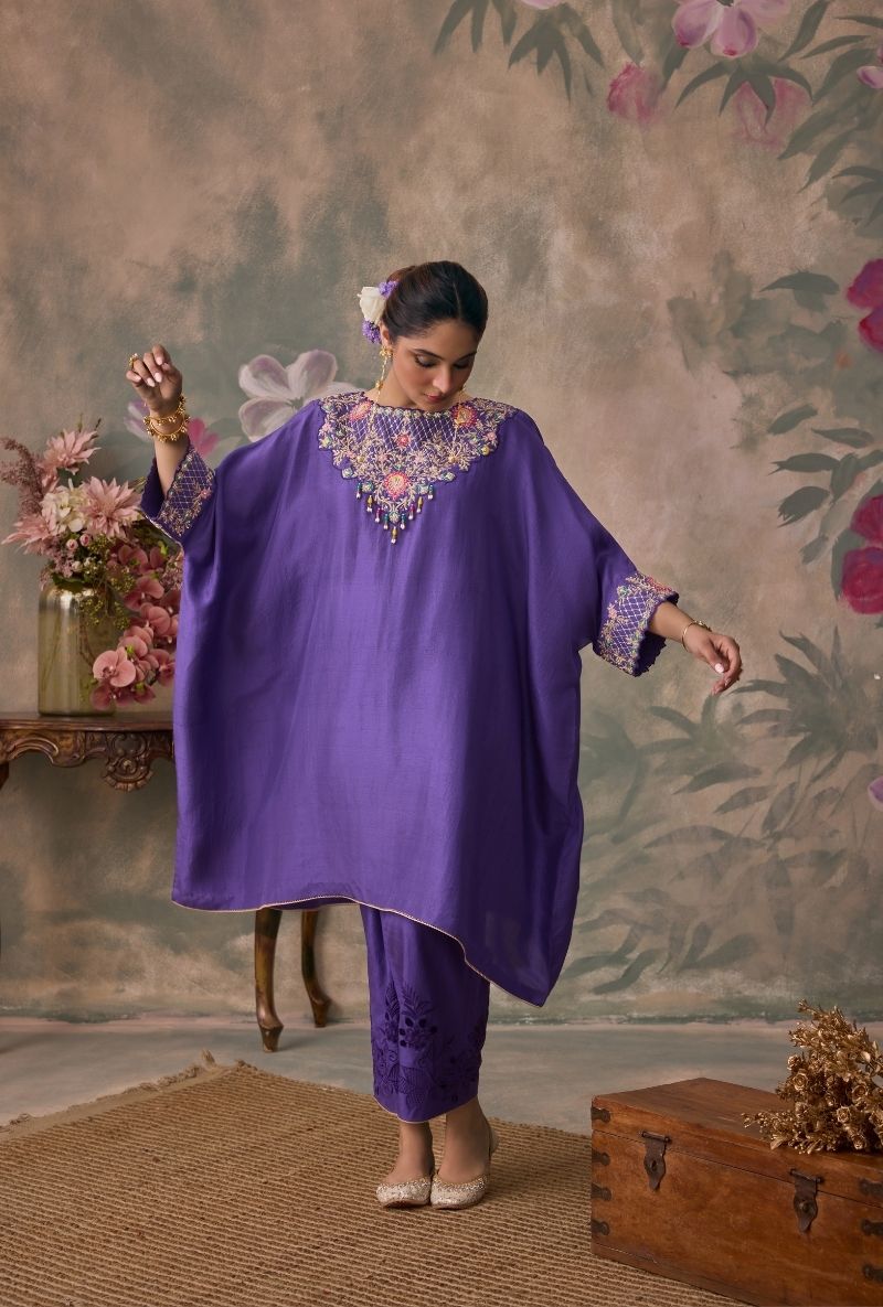 Purple Embroidered Neck Jalsa Kaftan  Set