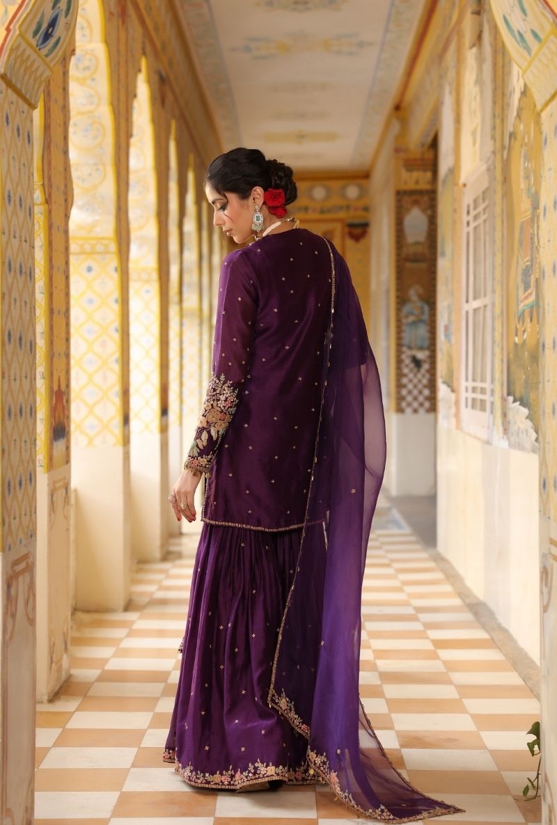 Purple Mayur Applique Heavy Mehfil Sharara Set