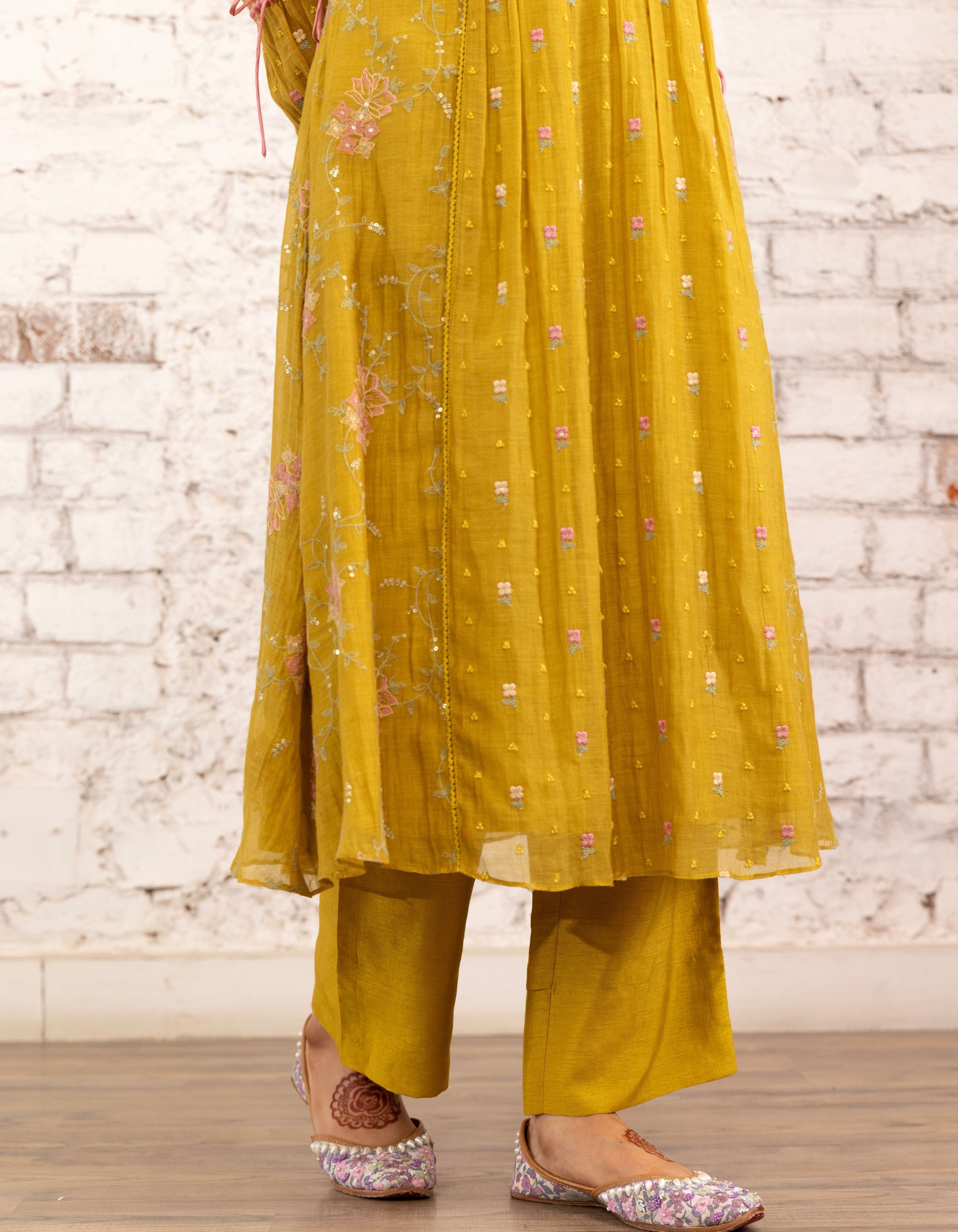 Mustard Threadwork Short Yoke Noor Kurta Set