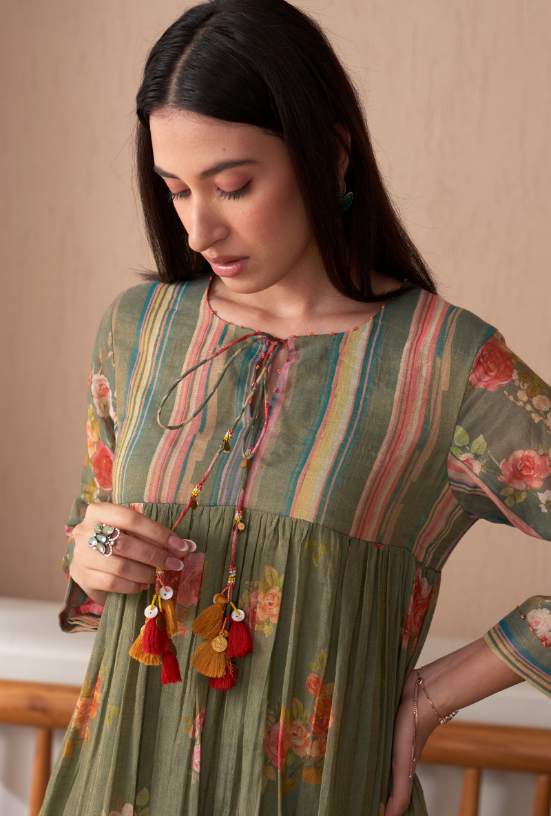 Green Stripe Yoke Full Chunat Bageecha Kurta Set