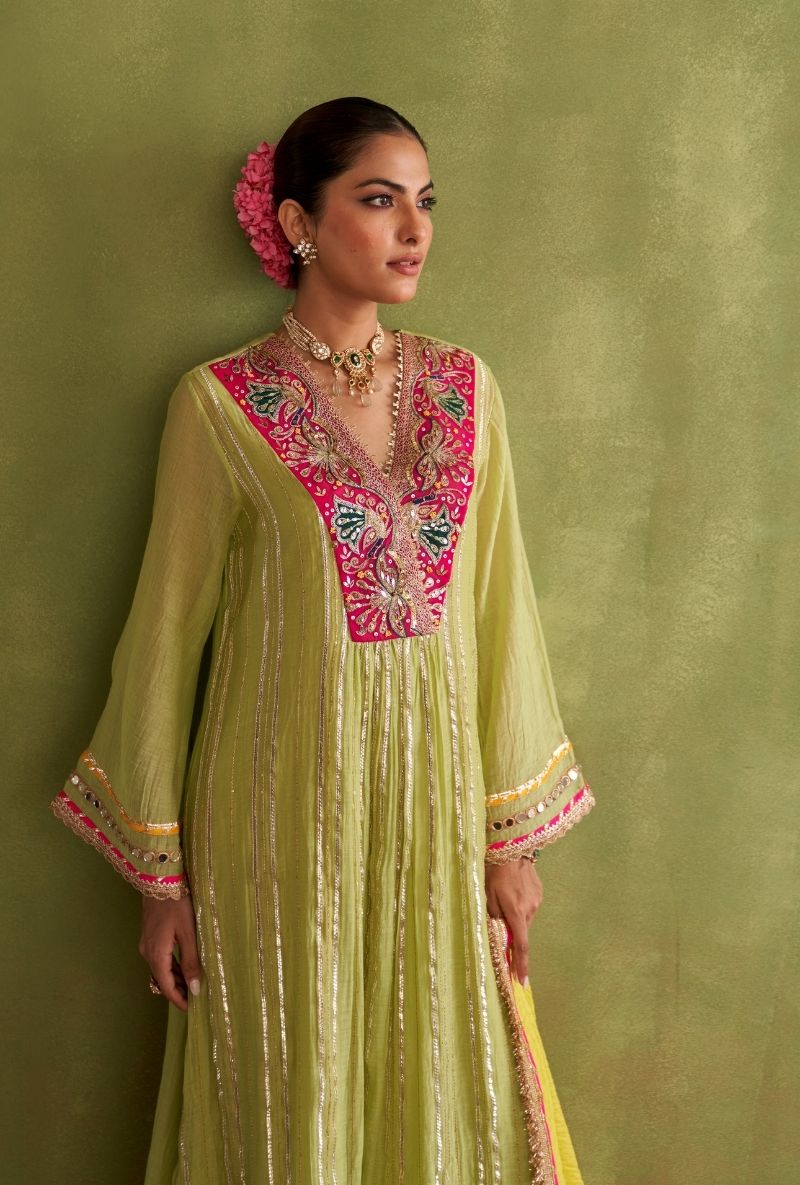 Mint Green Embroidered Overlap Morbagh Kurta Set