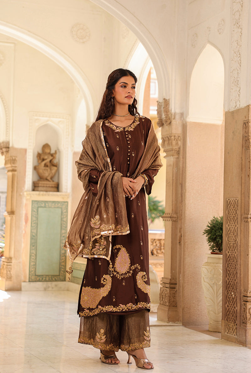 Brown Applique Long Raag Kurta Set
