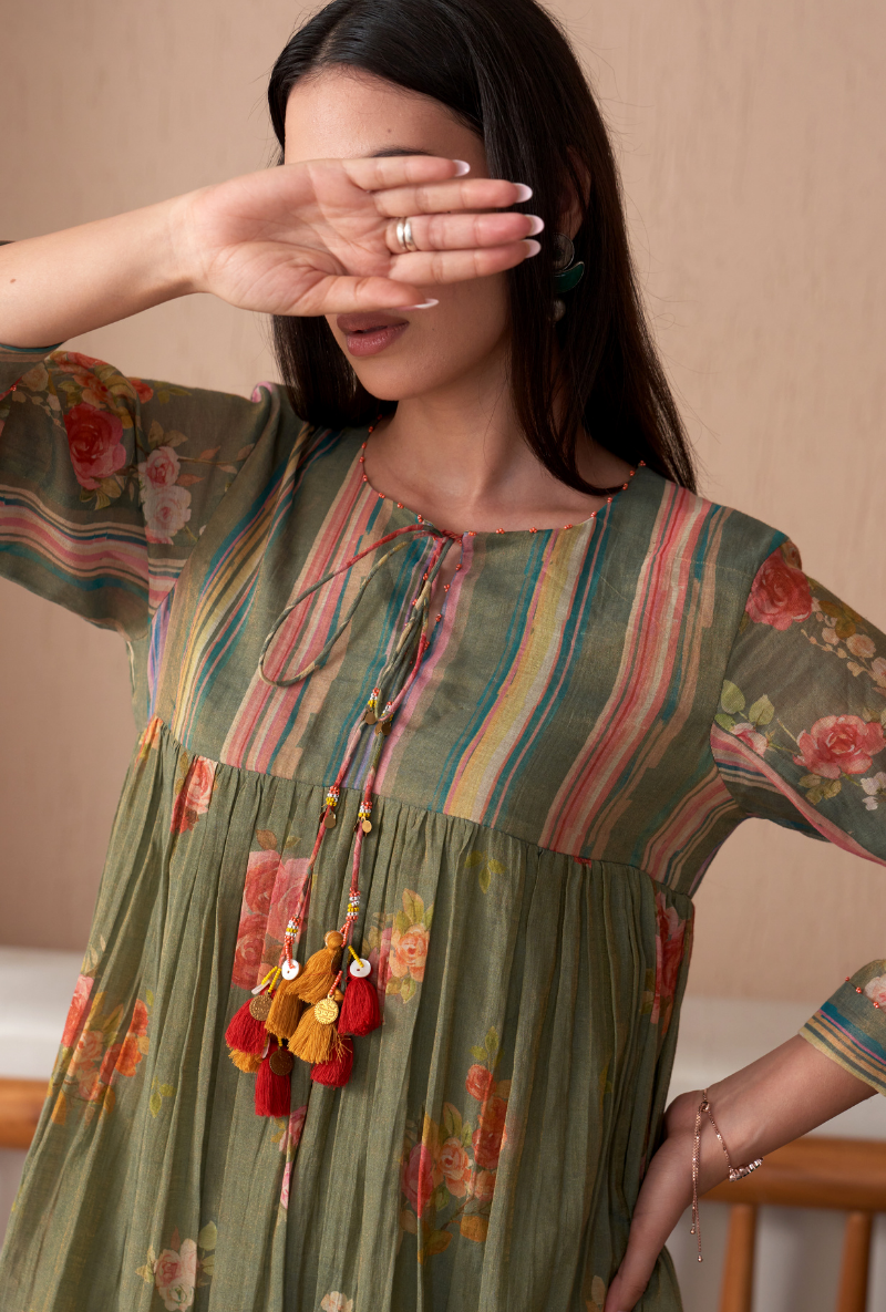 Green Stripe Yoke Full Chunat Bageecha Kurta Set