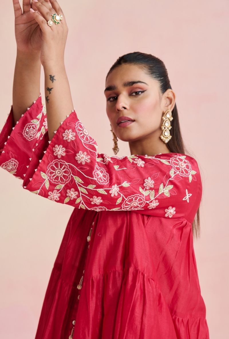 Bright Pink Embroidered Sleeves A Line Amara Kurta Set
