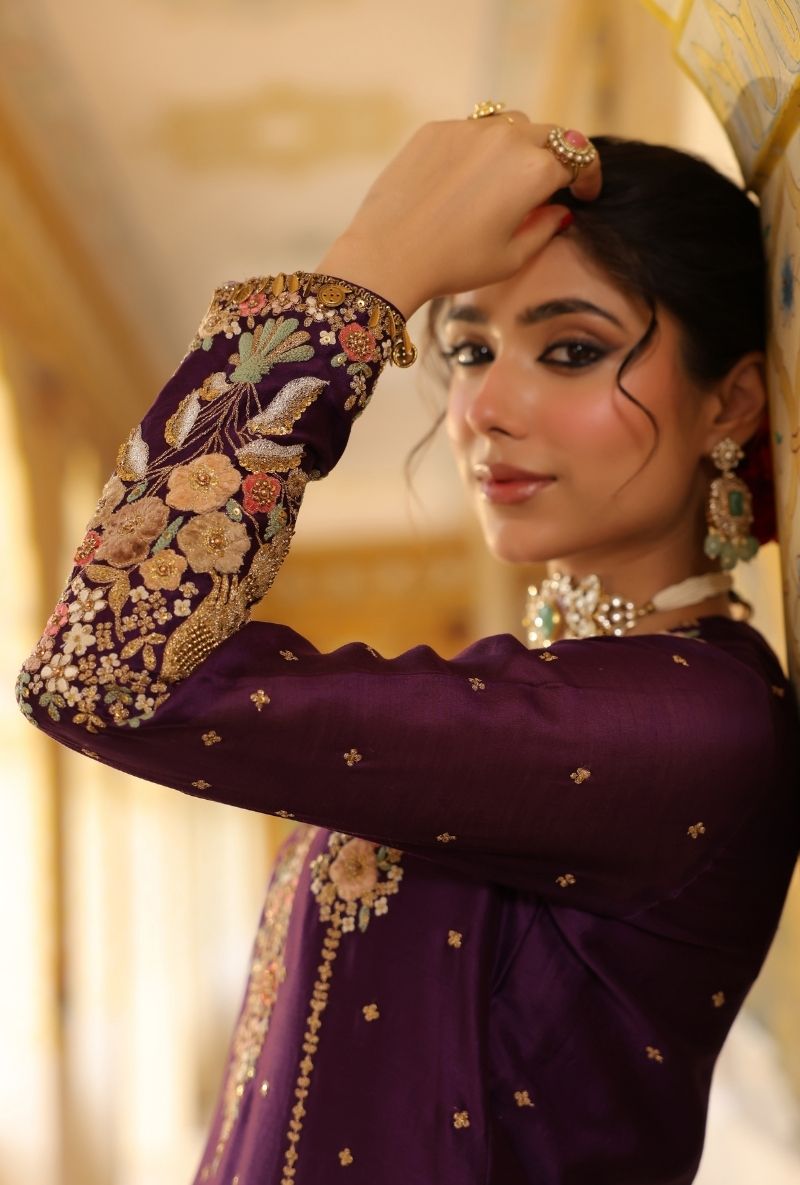 Purple Mayur Applique Heavy Mehfil Sharara Set