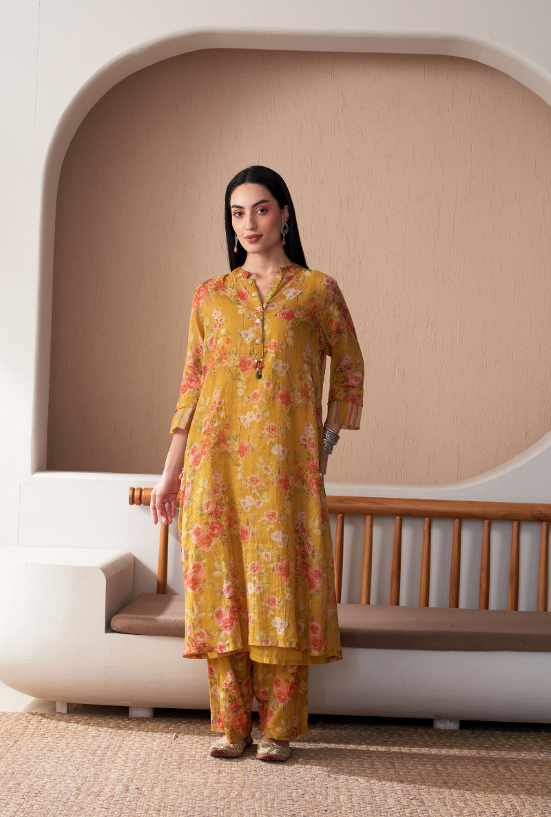 Mustard Floral Jaal Print Bageecha Kurta Set