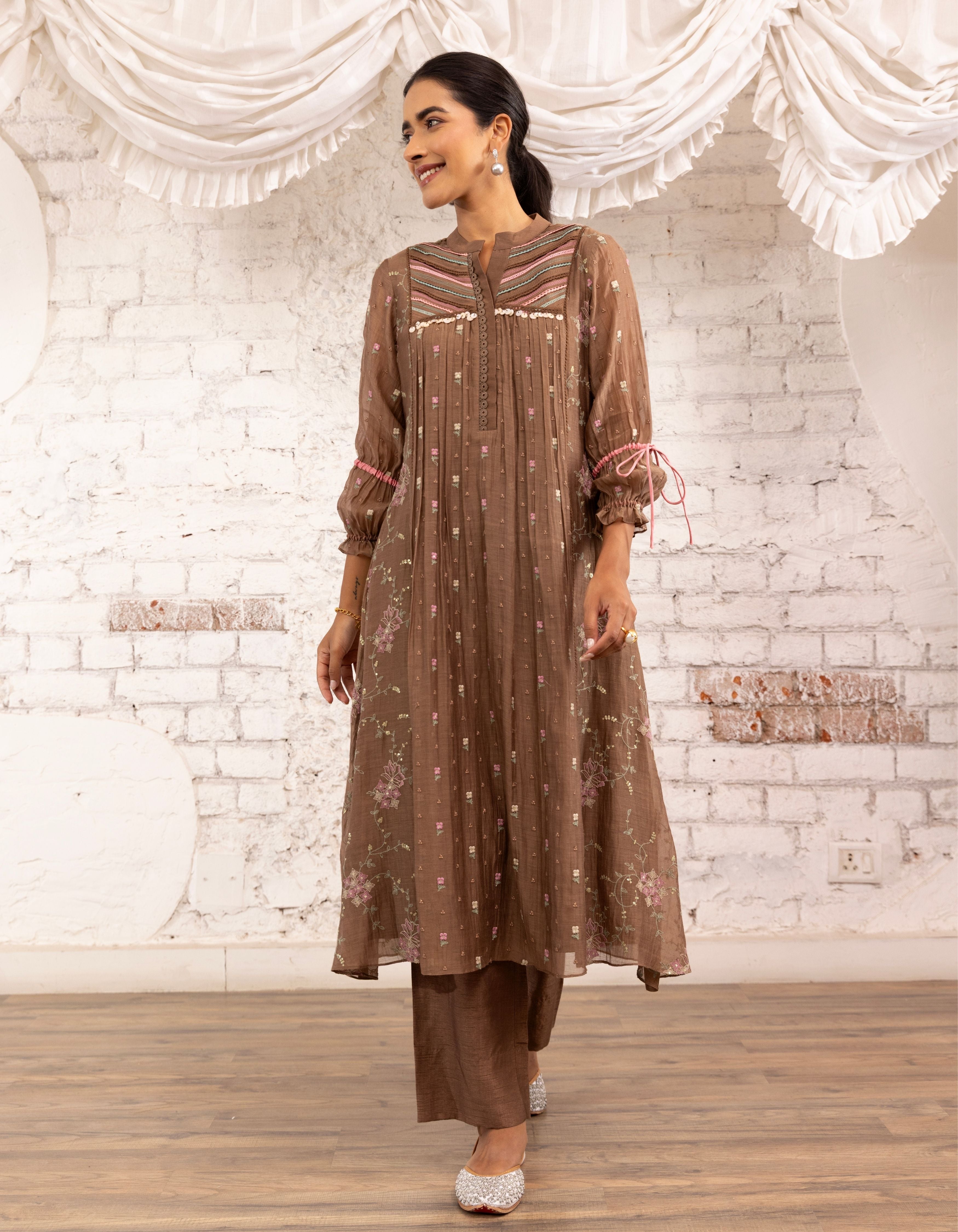 Brown Threadwork Short Yoke Noor Kurta Set