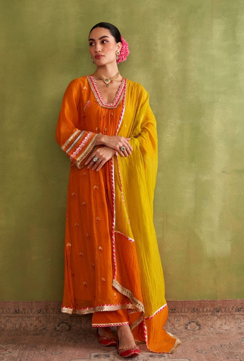 Orange Bird Motif Morbagh Kurta Set