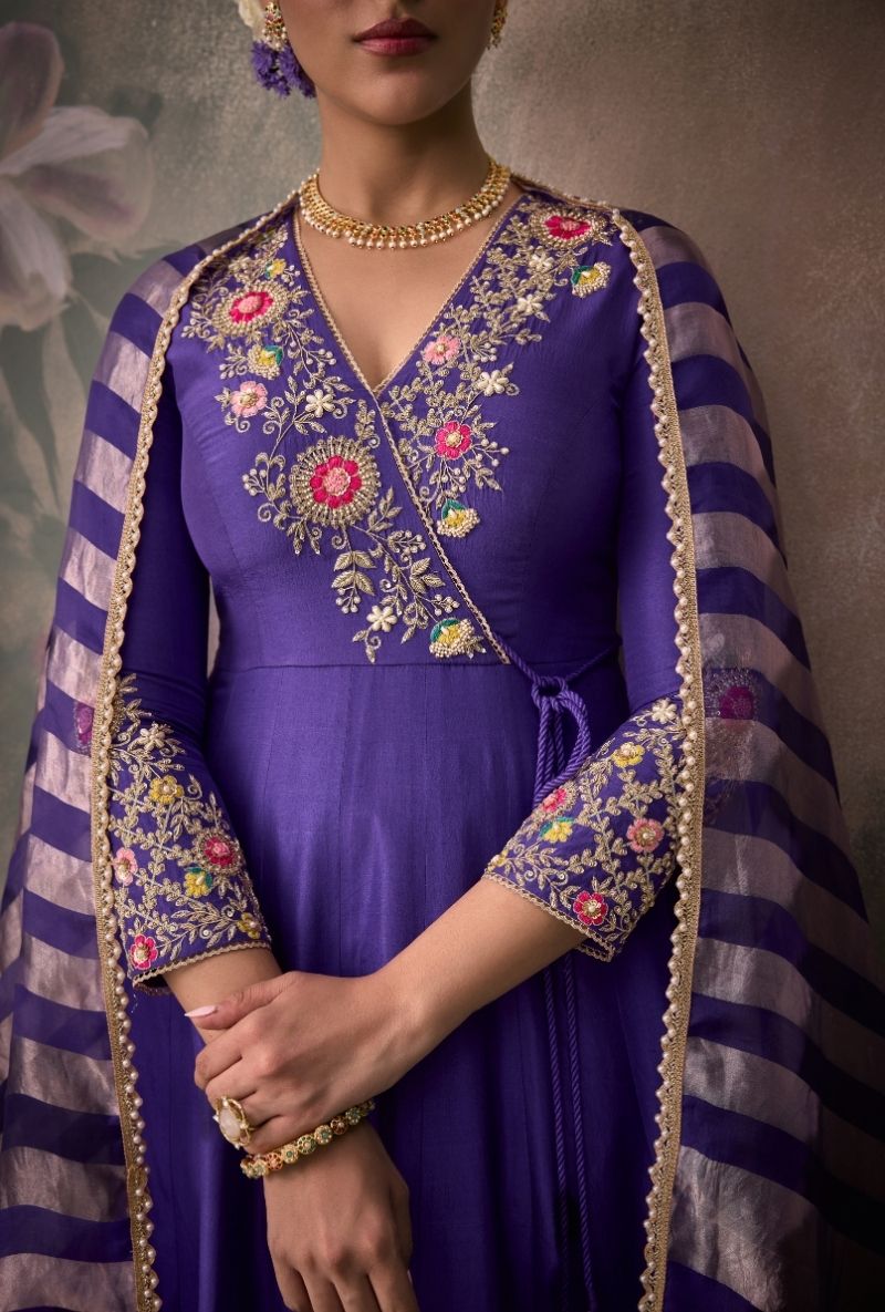 Purple Overlap Embroidered Yoke Jalsa Anarkali Set