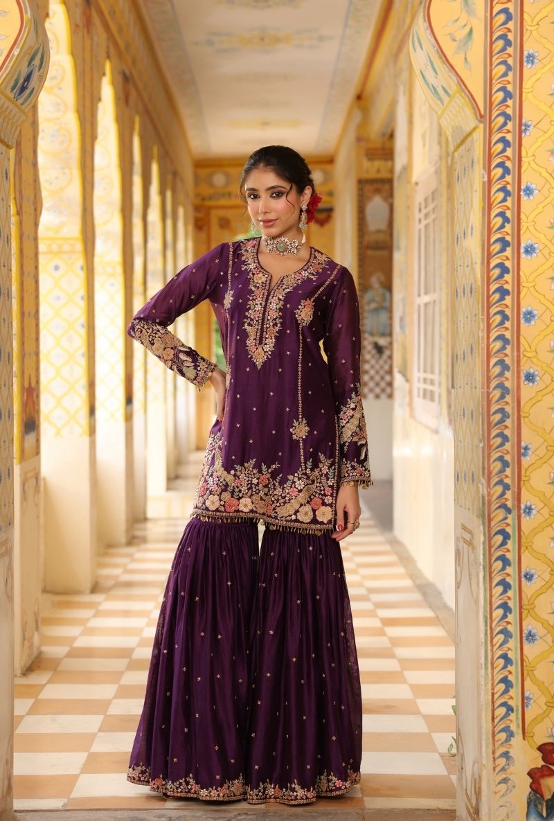 Purple Mayur Applique Heavy Mehfil Sharara Set