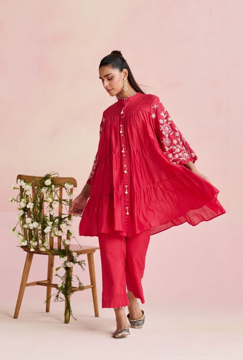 Bright Pink Embroidered Sleeves A Line Amara Kurta Set