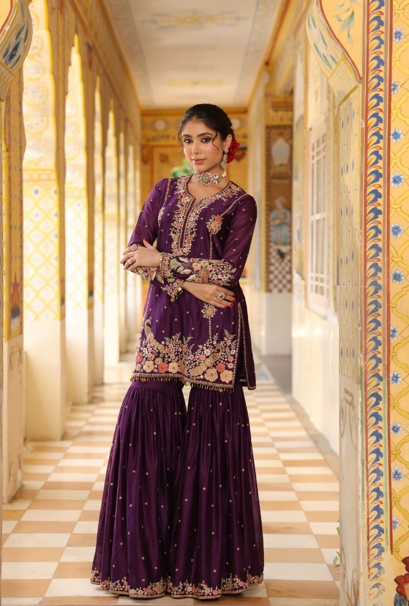 Purple Mayur Applique Heavy Mehfil Sharara Set