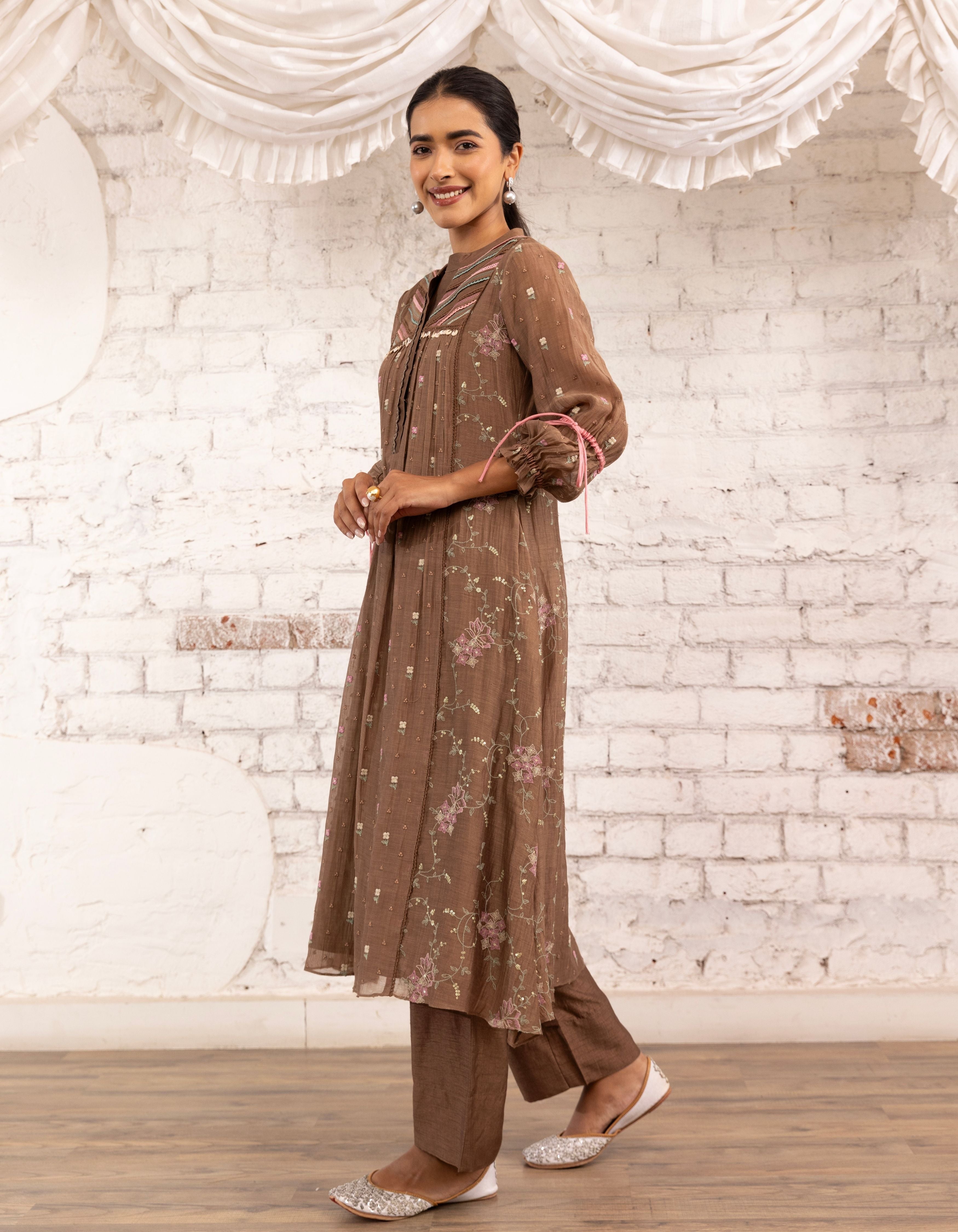 Brown Threadwork Short Yoke Noor Kurta Set