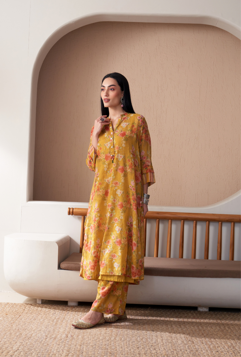 Mustard Floral Jaal Print Bageecha Kurta Set