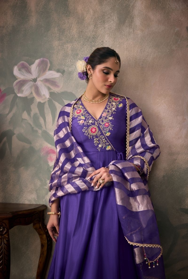 Purple Overlap Embroidered Yoke Jalsa Anarkali Set