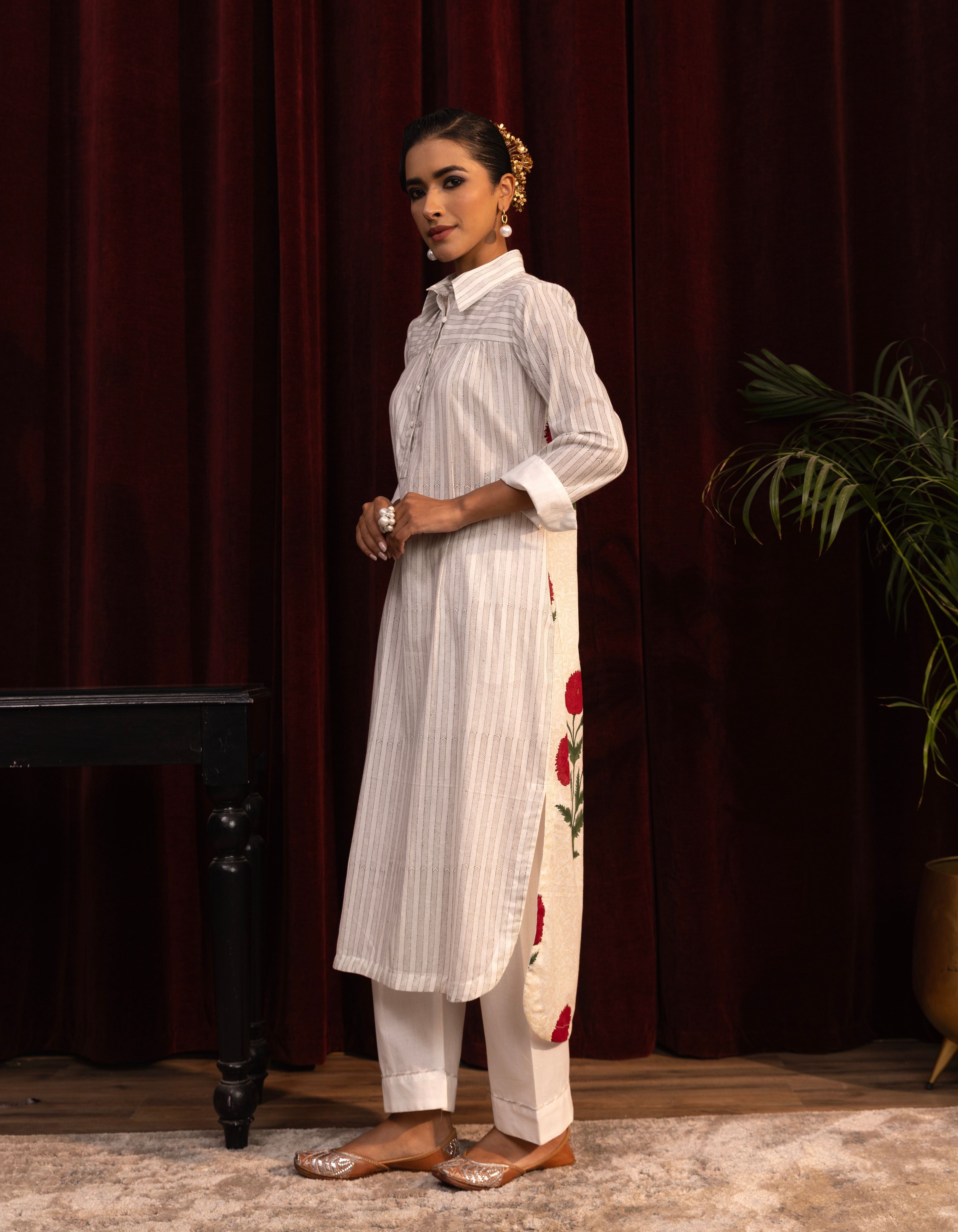 White Mughal Poppy Block Print Mogra Kurta Set