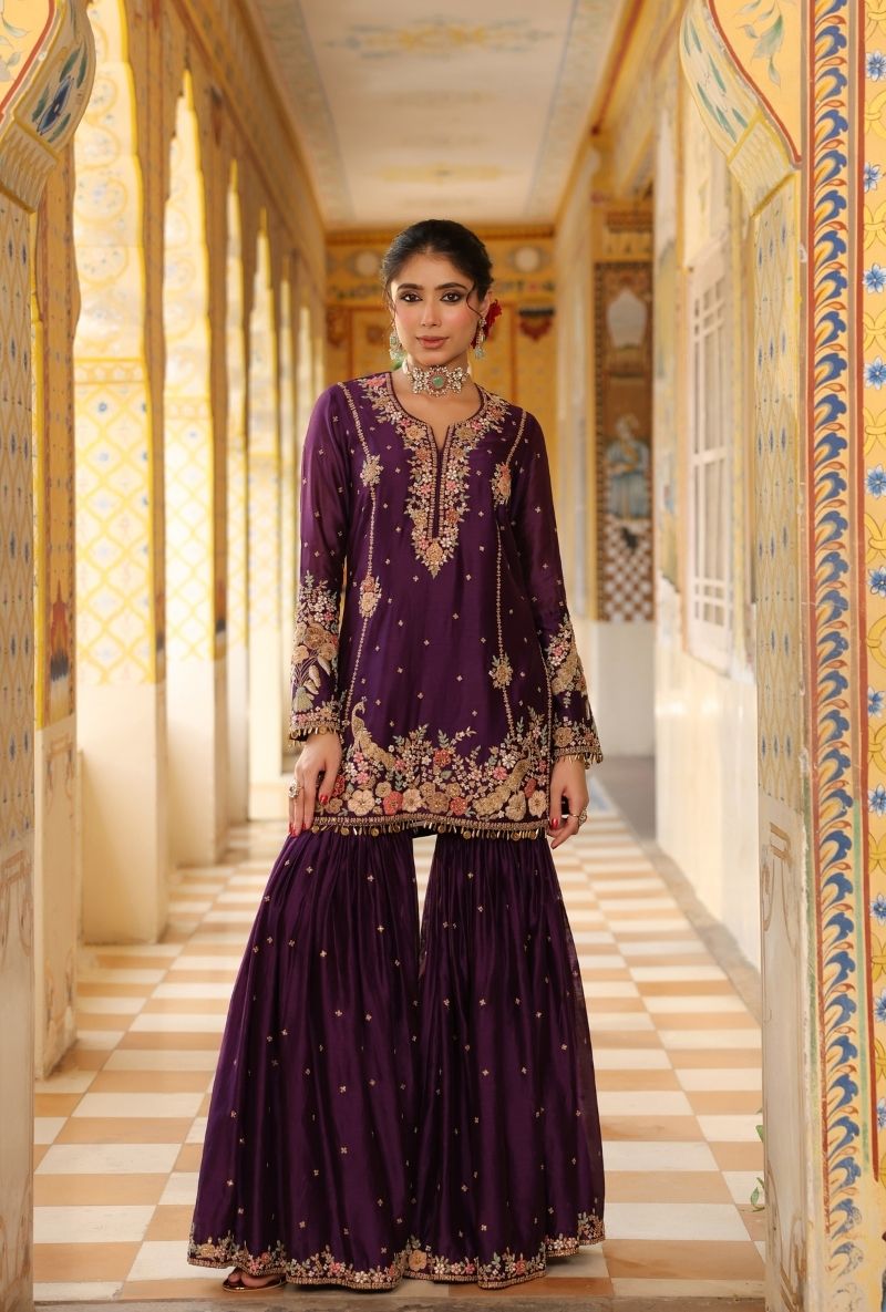 Purple Mayur Applique Heavy Mehfil Sharara Set