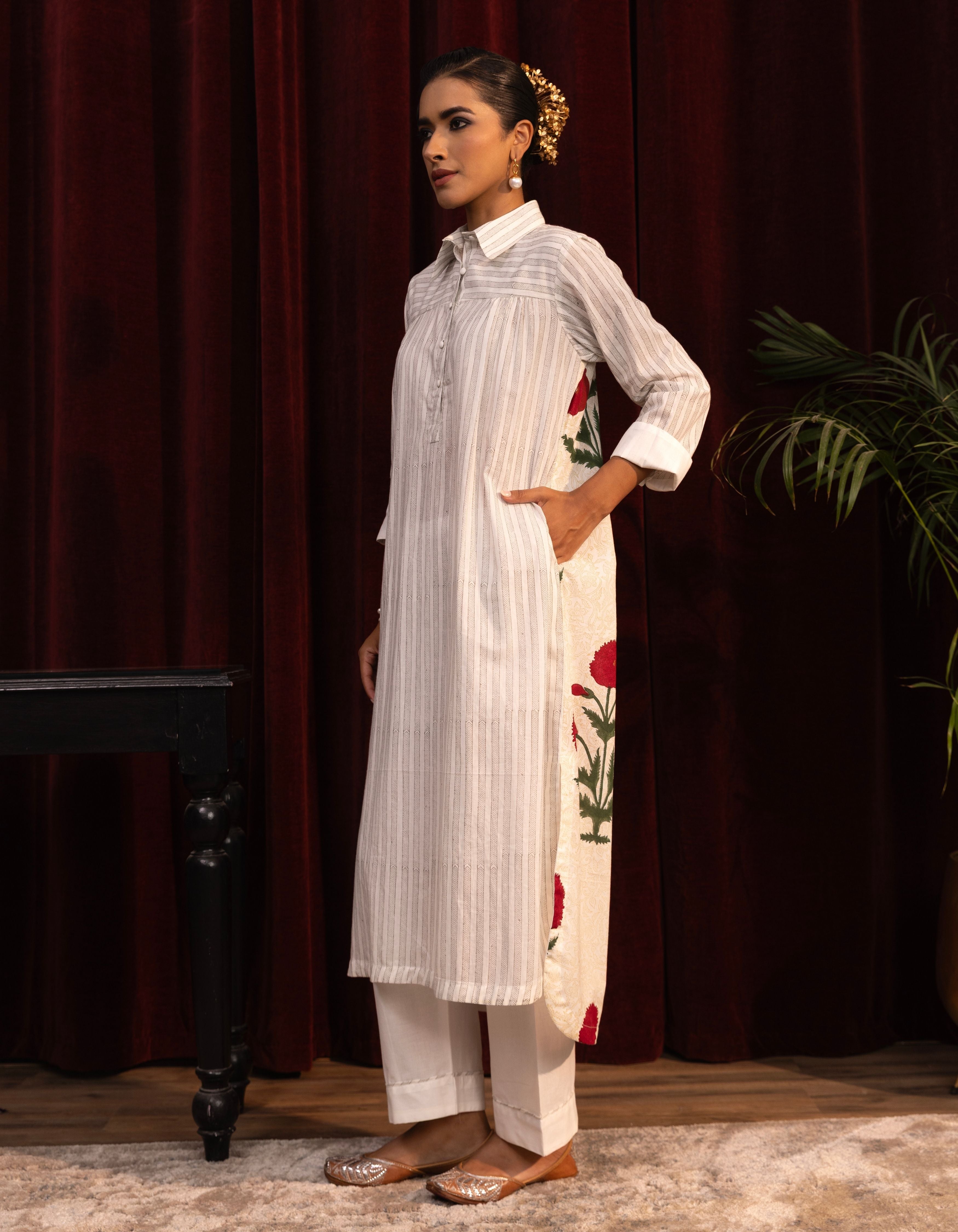 White Mughal Poppy Block Print Mogra Kurta Set