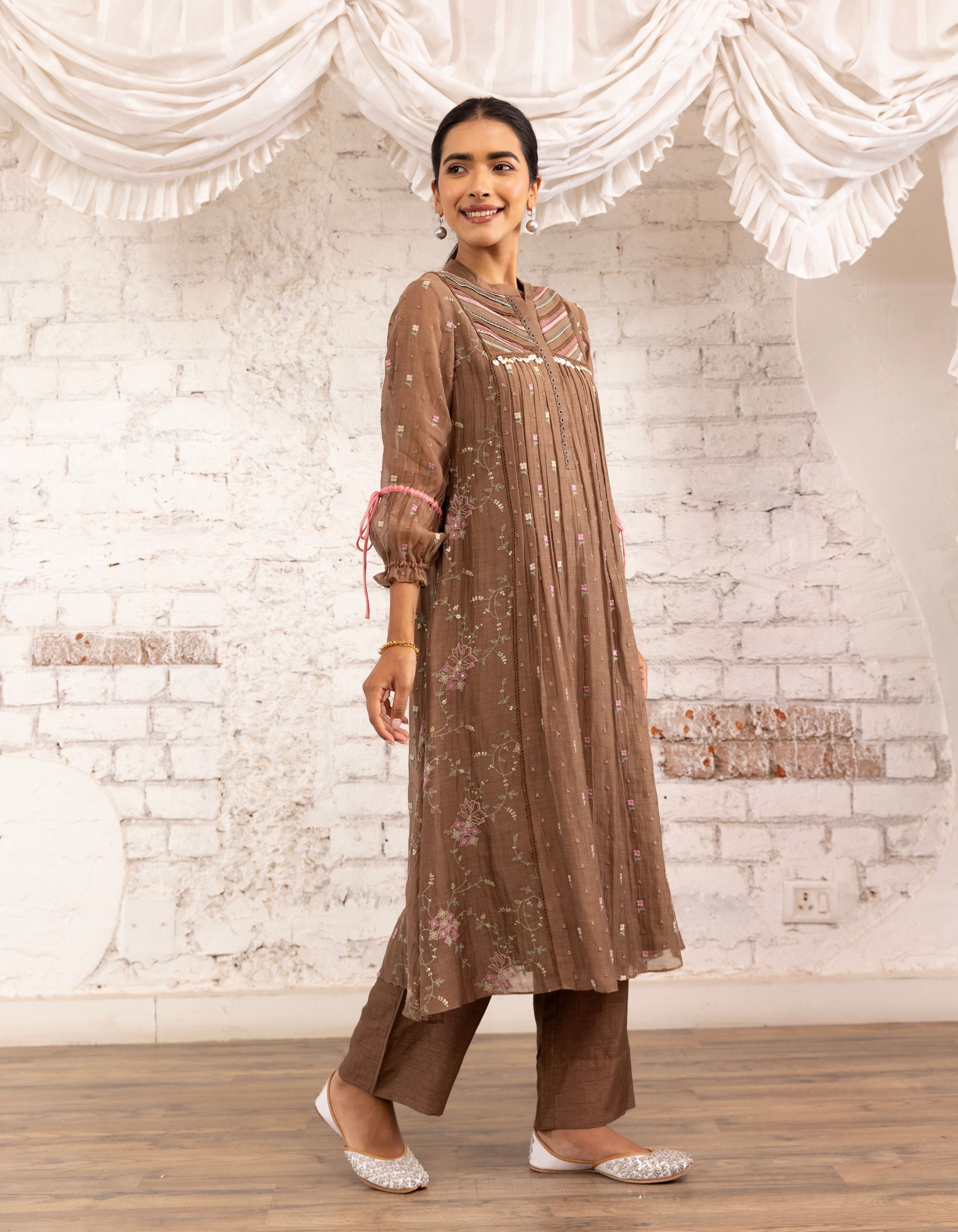 Brown Threadwork Short Yoke Noor Kurta Set