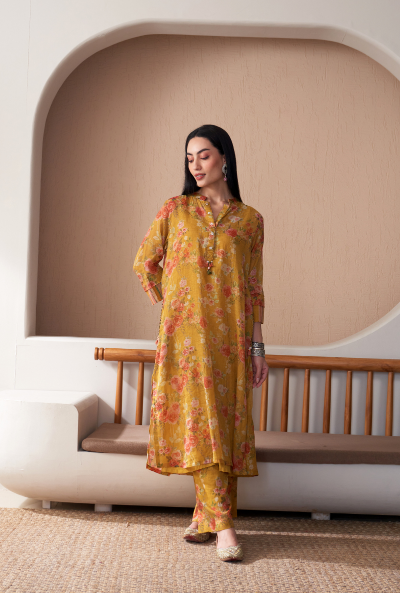 Mustard Floral Jaal Print Bageecha Kurta Set