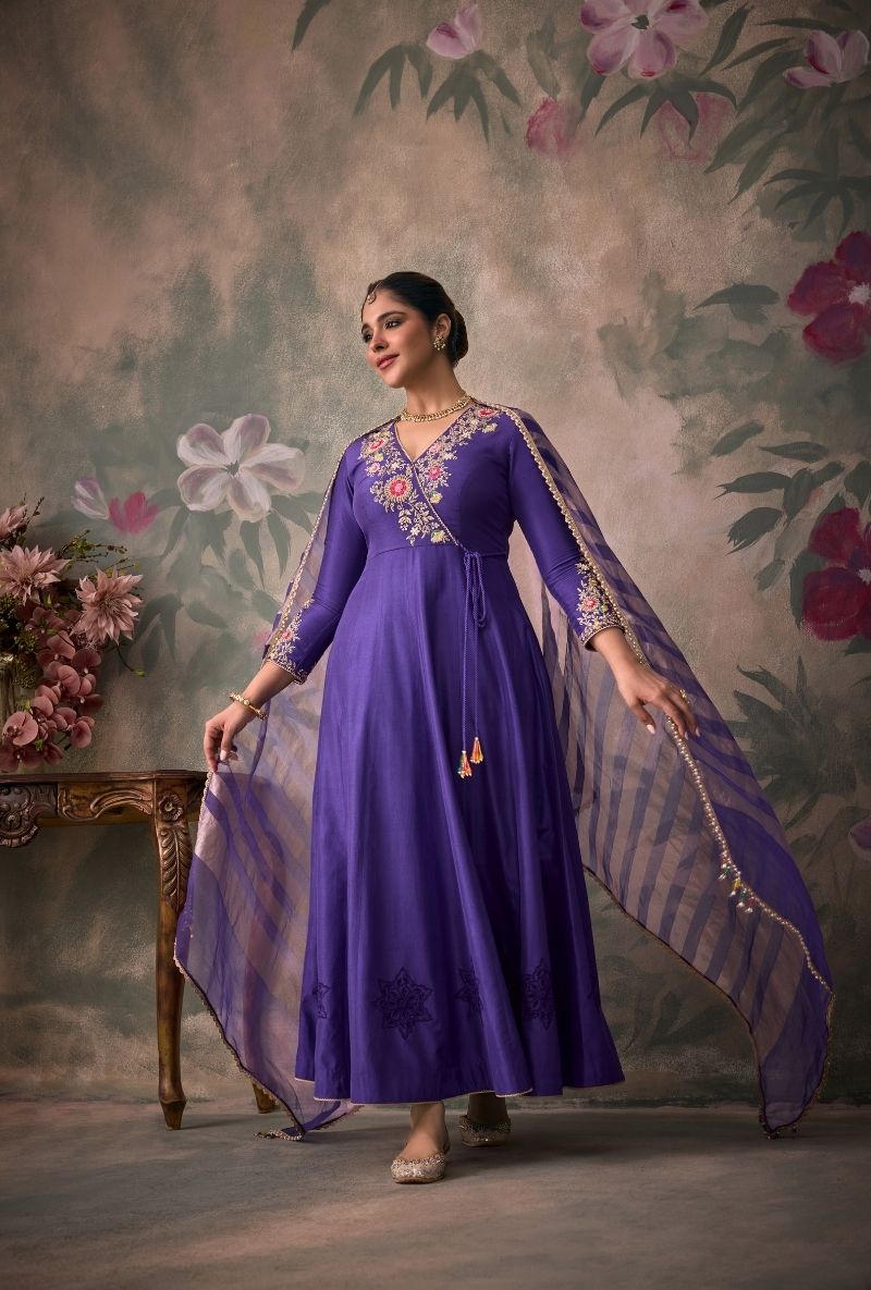 Purple Overlap Embroidered Yoke Jalsa Anarkali Set